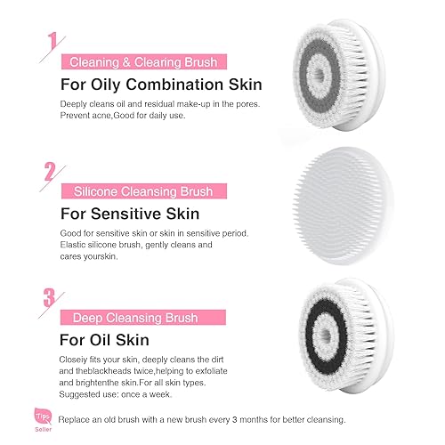 Miniatura 5 de Cepillo de limpieza facial eléctrico para limpieza facial con 3 cabezales de cepillo, cepillo giratorio para limpieza profunda, cepillo limpiador