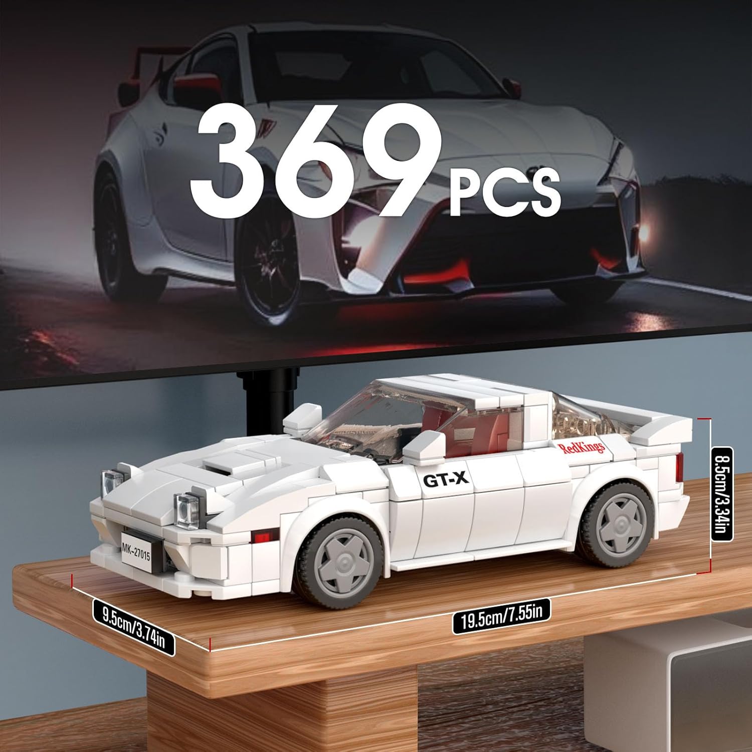 Mould King RX-7 model with dimensions and 369 pieces indicated