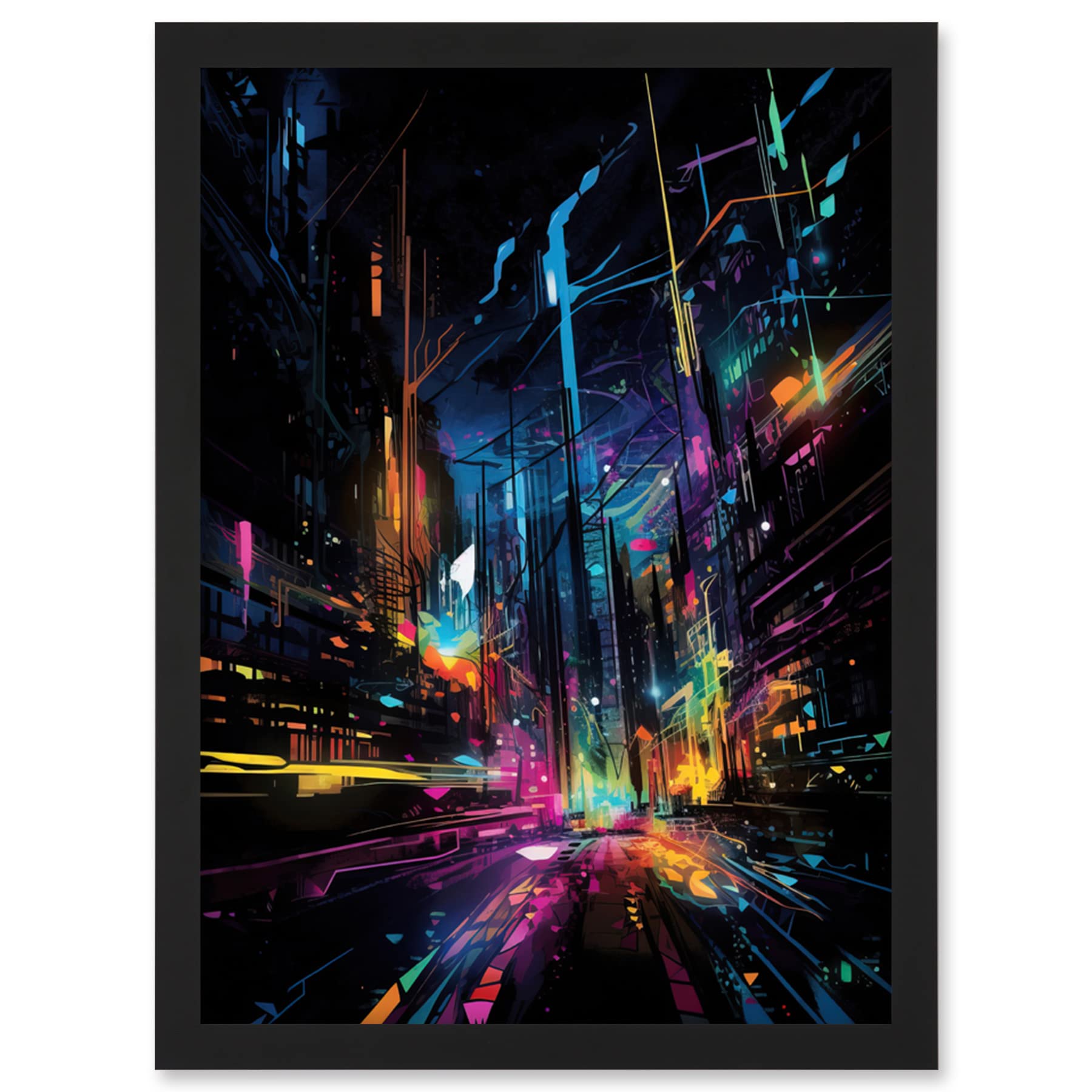 Artery8 New York City at Night Modern Abstract Neon Contrast Painting Artwork Framed Wall Art Print A4