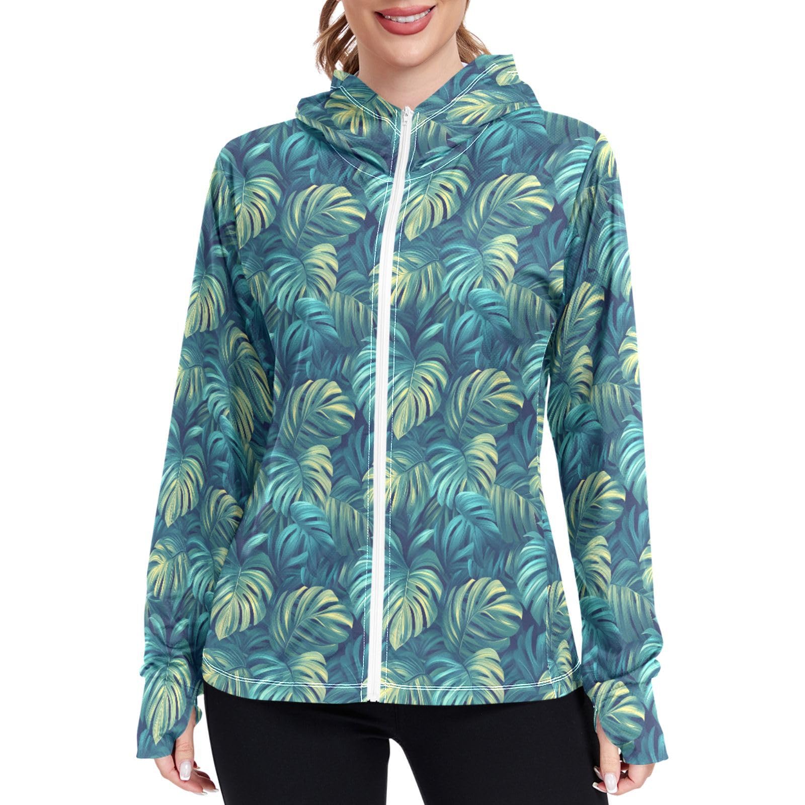 Women Sun Protection Lightweight Hoodie Jacket Zip Up Jackets for Women UPF 50+ Clothing for Hiking Golf Running L Teal Turquoise Tropical