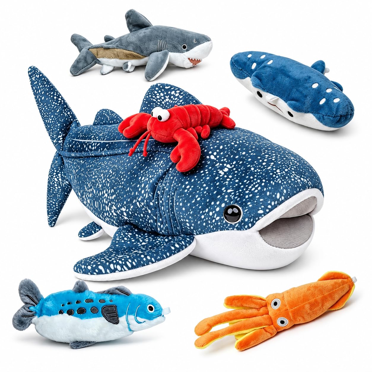 lilizzhoumax Olbrzymi pluszowy rekin wielorybi zestaw 5 mini zwierząt morskich w ustach – maskotka oceaniczna 6 w 1 z homarem, kalmarem, rekinem, płaszczką, makrelą – miękki prezent dla dzieci