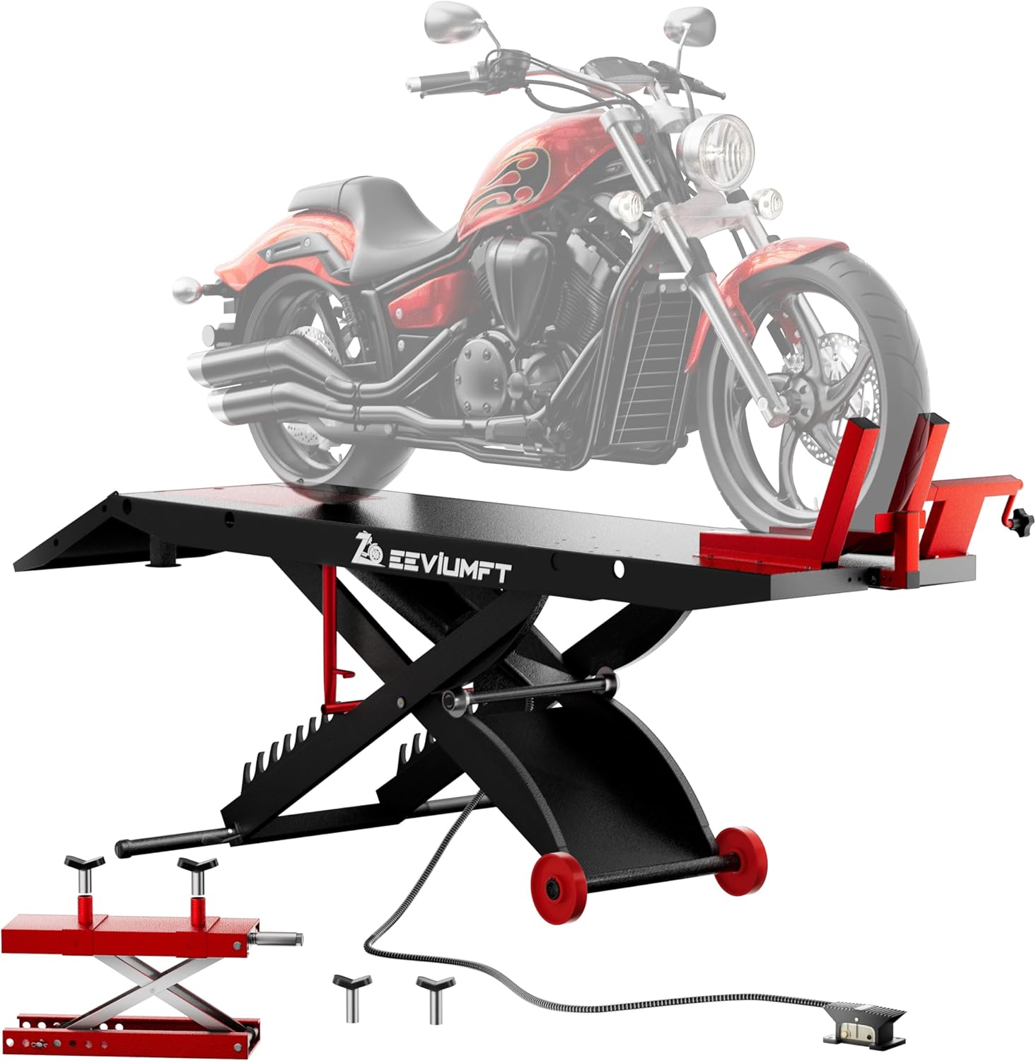 1500 LB Motorcycle Lift Table, Heavy-Duty Air/Hydraulic 24" Wide Platform, Stand-Up Ergonomic Installation, Bonus Motorcycle Jack, Fits Harley, Indian & Custom Bikes