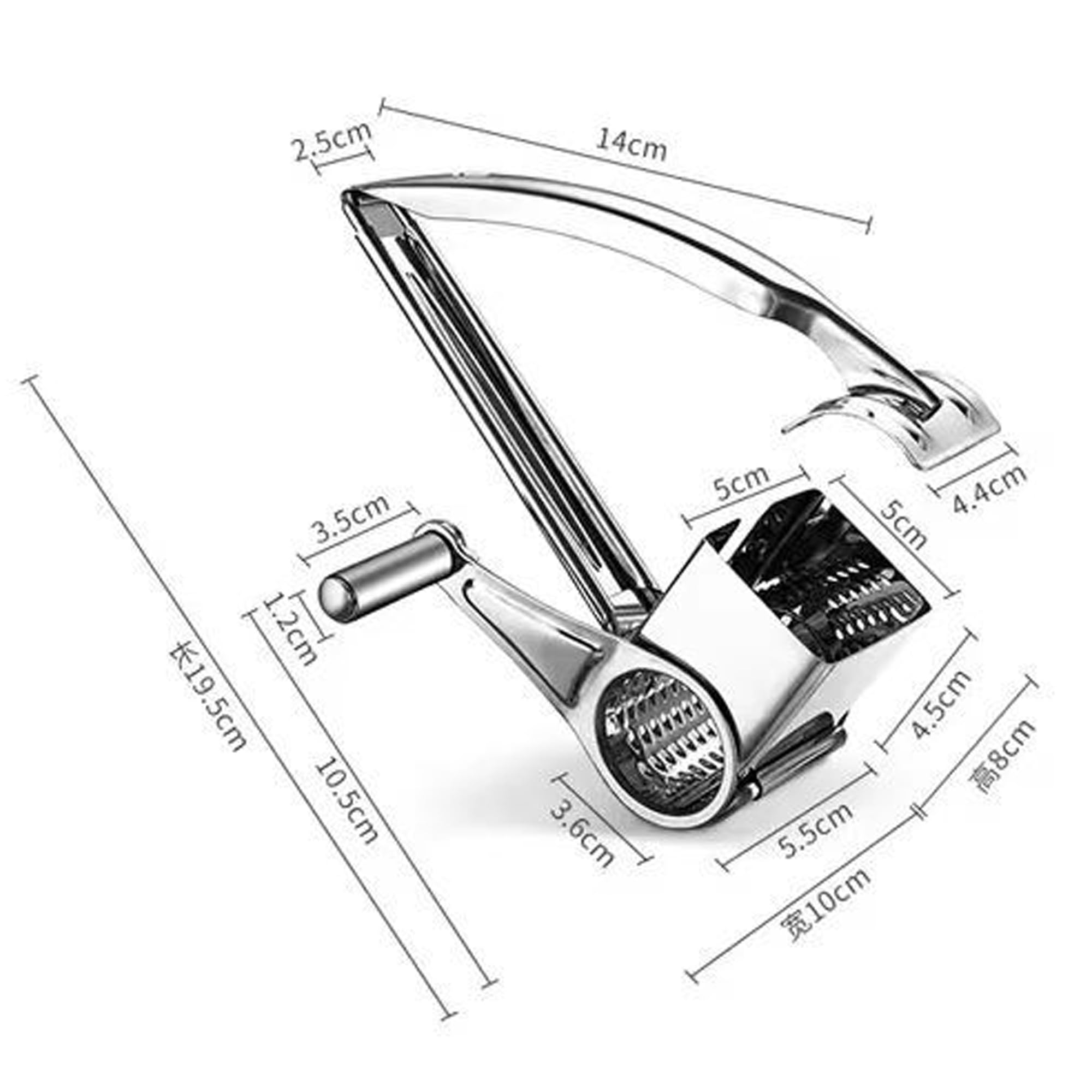 SUQ 4 in 1 Grattugia Formaggio, Grattugia Rotativa Portatile con Manico per Cucina con 3 Lame Sostituibili in Acciaio Inox, Grattugia Rotativa Manuale per Formaggio, Affettatrice per Verdure