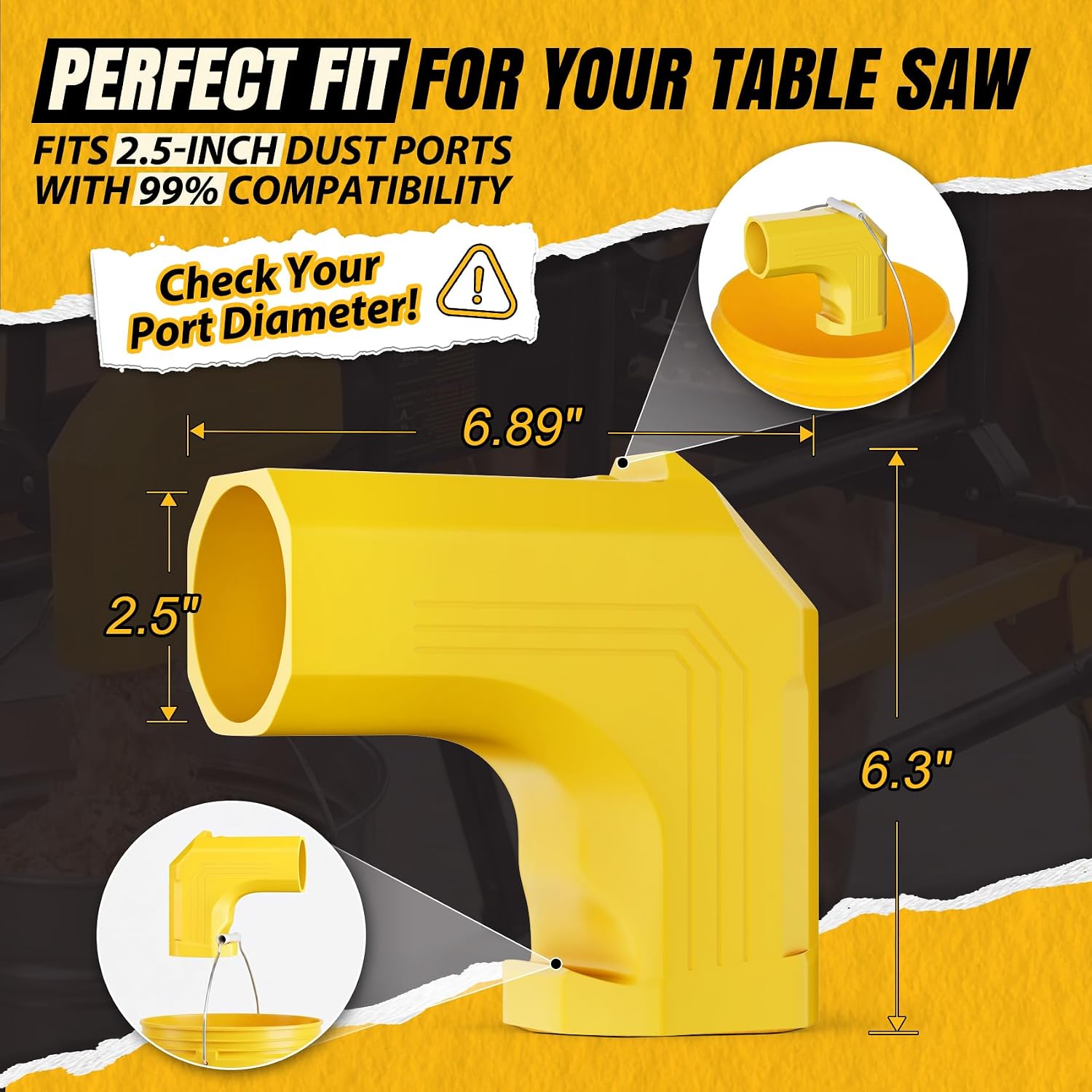 Table Saw Dust Collector Adapter for DWE7485 – 2.5'' Dust Port for Table Saw Dust Collection, Sturdy PETG, Snap-On Design & Dual Hooks Hold Any Bucket for Efficient Sawdust Capture
