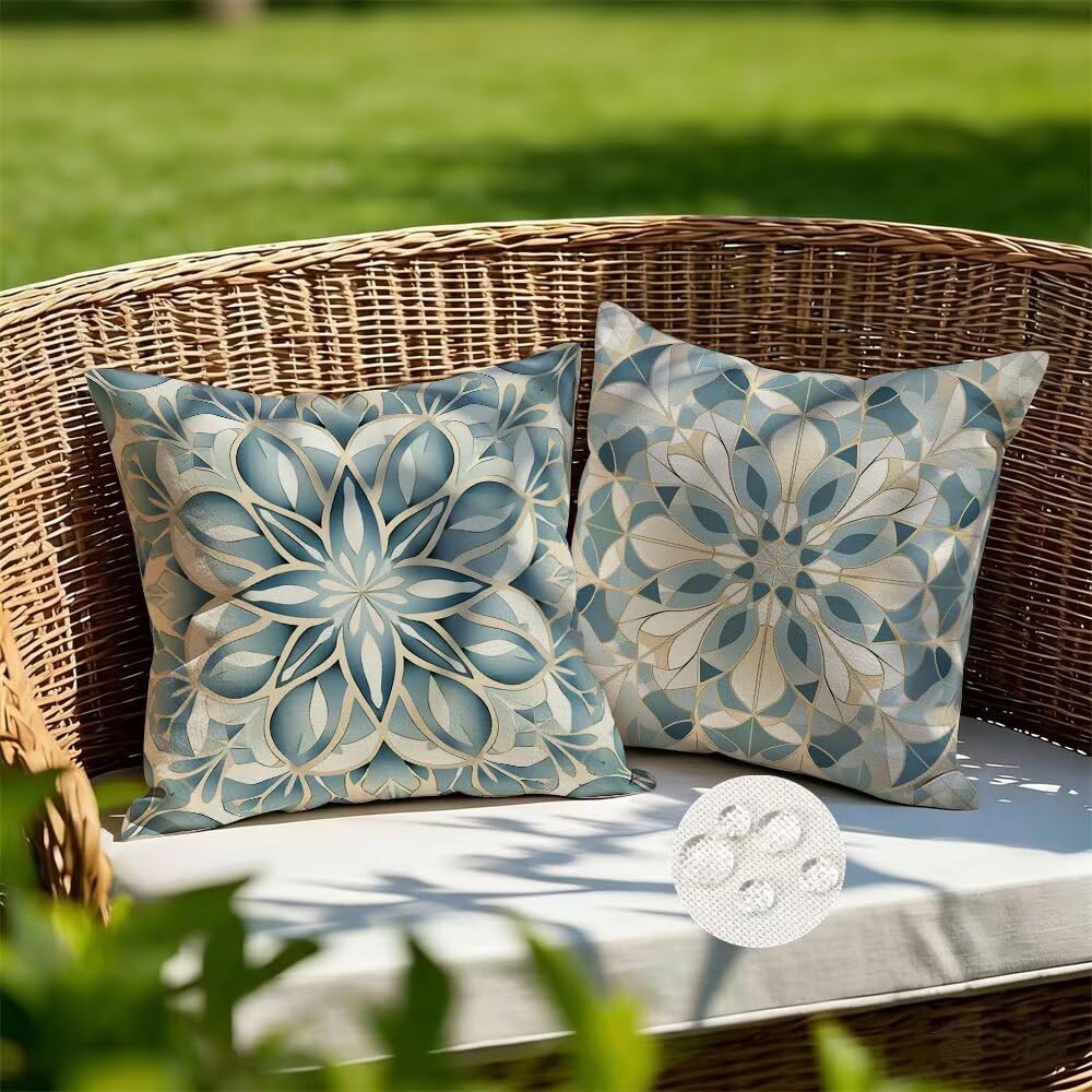 Federe Cuscini da Esterno Impermeabili 65x65 Blu Copri Cuscini per Divano Boho Federa Cuscino Floreale Decorativi Copricuscini per Divano Giardino Patio Soggiorno Copricuscino Set di 2 (IU403)