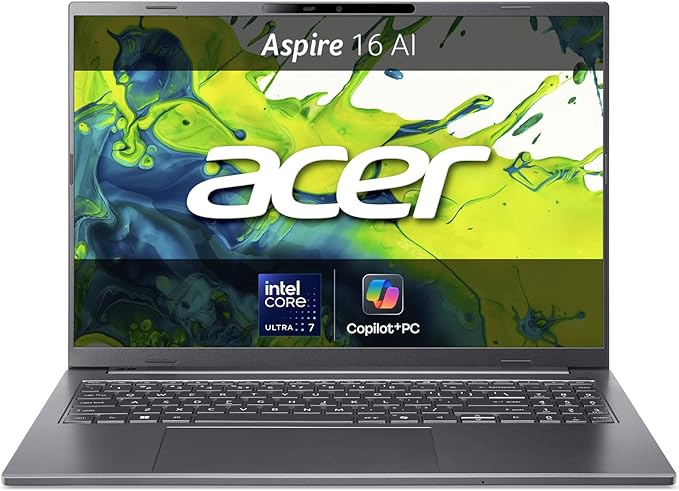 acer Aspire 16 AI Laptop | Display 16” WUXGA+ OLED | Processore Intel Core Ultra 7-256V | 16 GB RAM | 512 GB SSD | Copilot+ PC | Windows 11 | QWERTY | PC Portatile IA