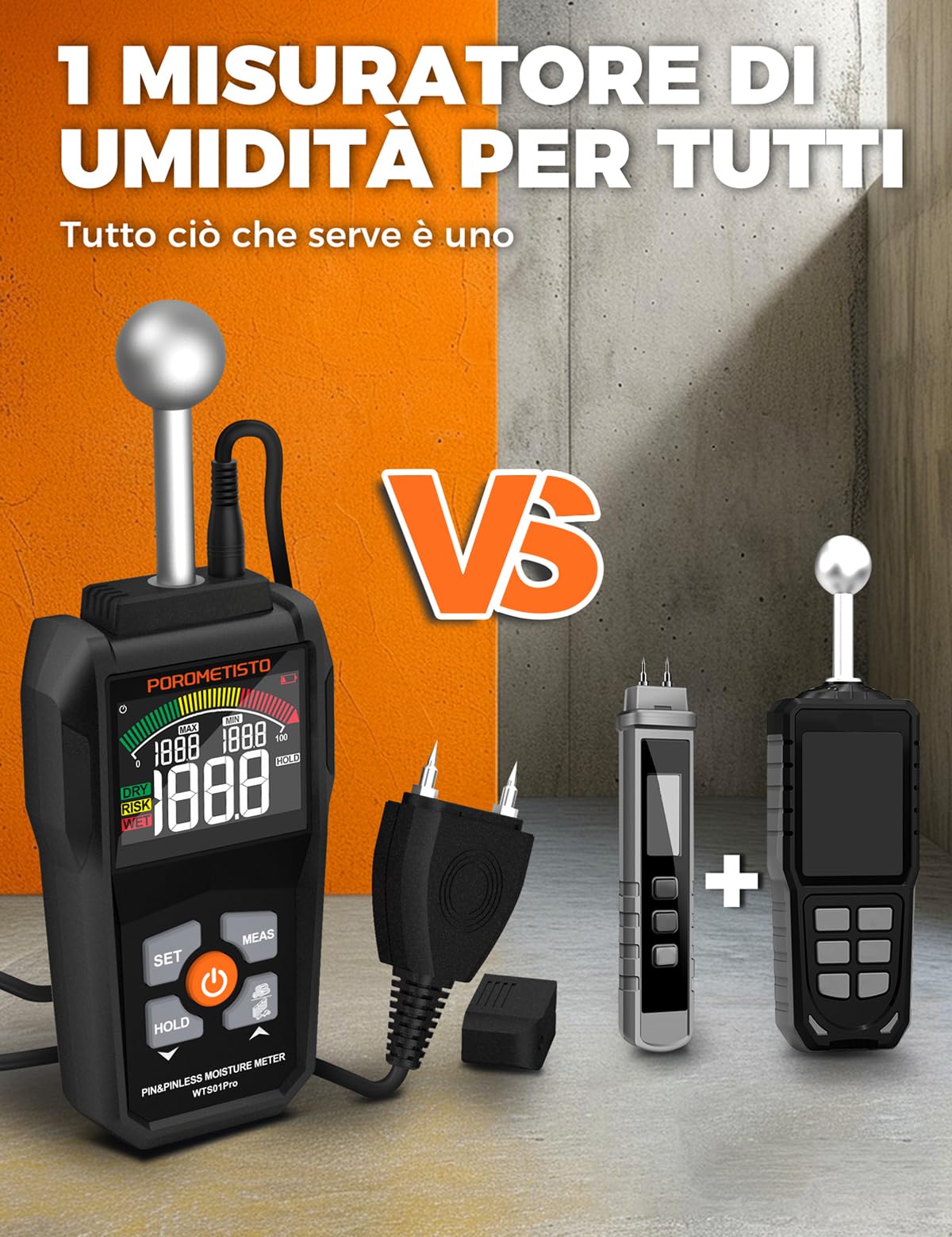 2 In 1 Igrometro Professionale Sonda Sfera&Sensore Pin, Misuratore Umidità Muri di livello Industriale, Igrometro Umidità Casa,20-40mm per Legno, Muratura, Pareti, Parquet