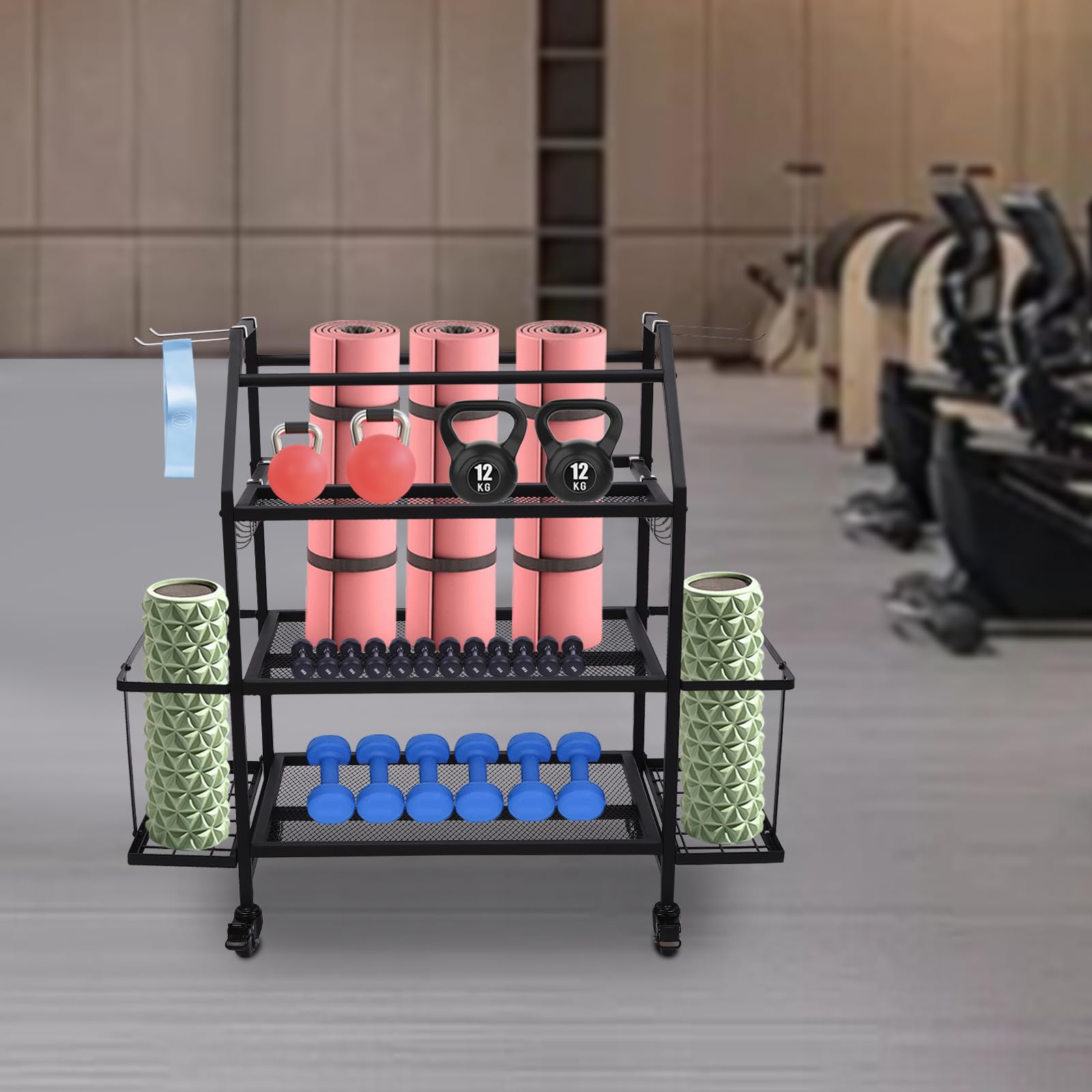 Sportgeräte Aufbewahrung,Ballaufbewahrung Regal Sportutensilien Metall + Rädern,Drei Ebenen von Mesh,Runde Ecken,Nützliche Haken,für Fitnessstudios, Yoga-Studios, Klassenzimmer, Aktivitätsräume, Garag
