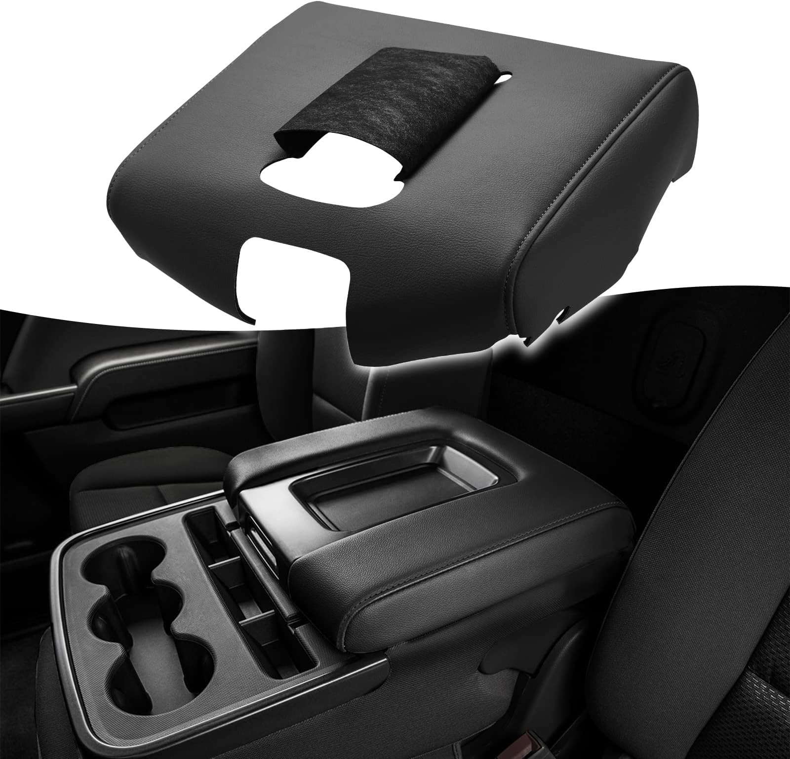 KBH Auto Center Console Armrest Cover Replacement for Chevy Chevrolet Silverado & GMC Sierra 1500 2500 3500 2014-2018, Vinyl Leather Arm Rest Upholstery, Anti-Scratch, Split Bench Jump Seat (Black)