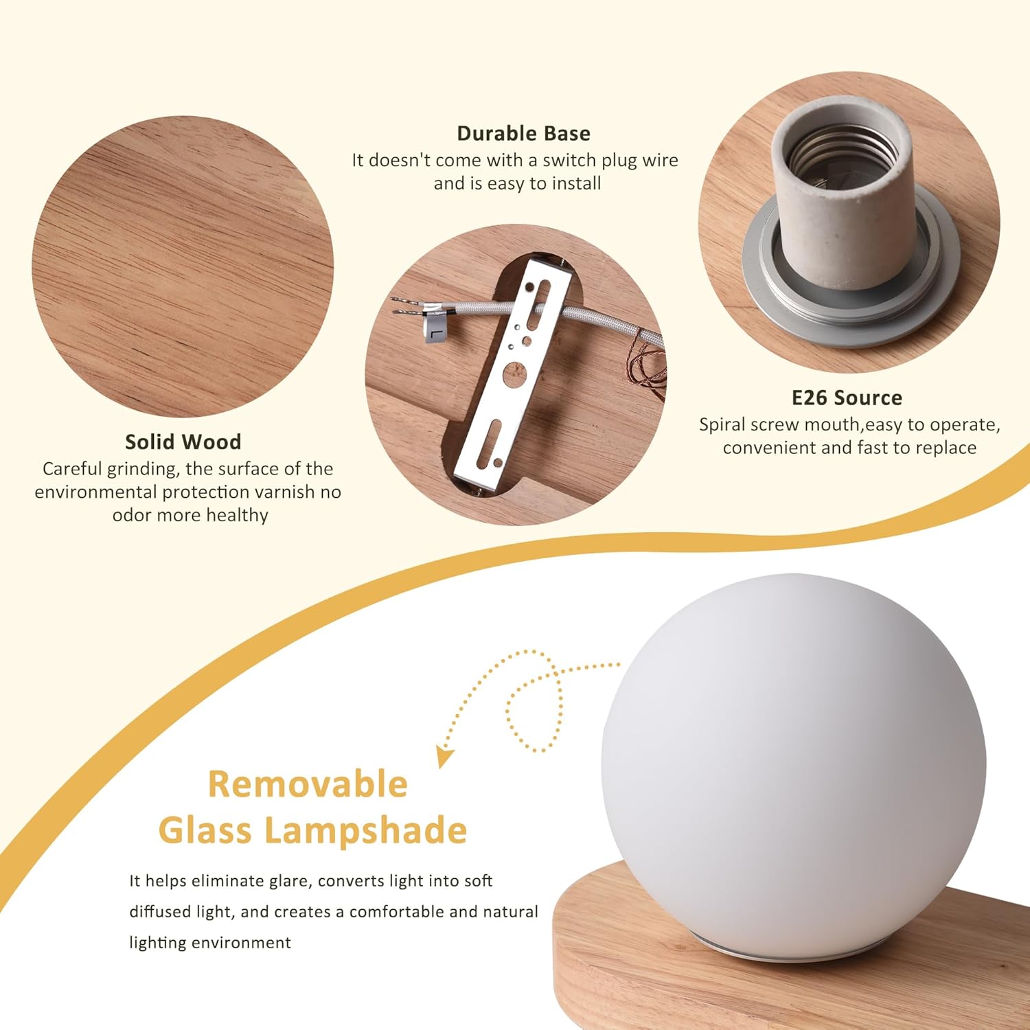 Wall Lights No Plug Wireless Wall Sconces for Bedroom, Wooden Wall Lamps with Globe Glass Lampshade for Living Room, E26 Socket No Bulb(Suggest G45)