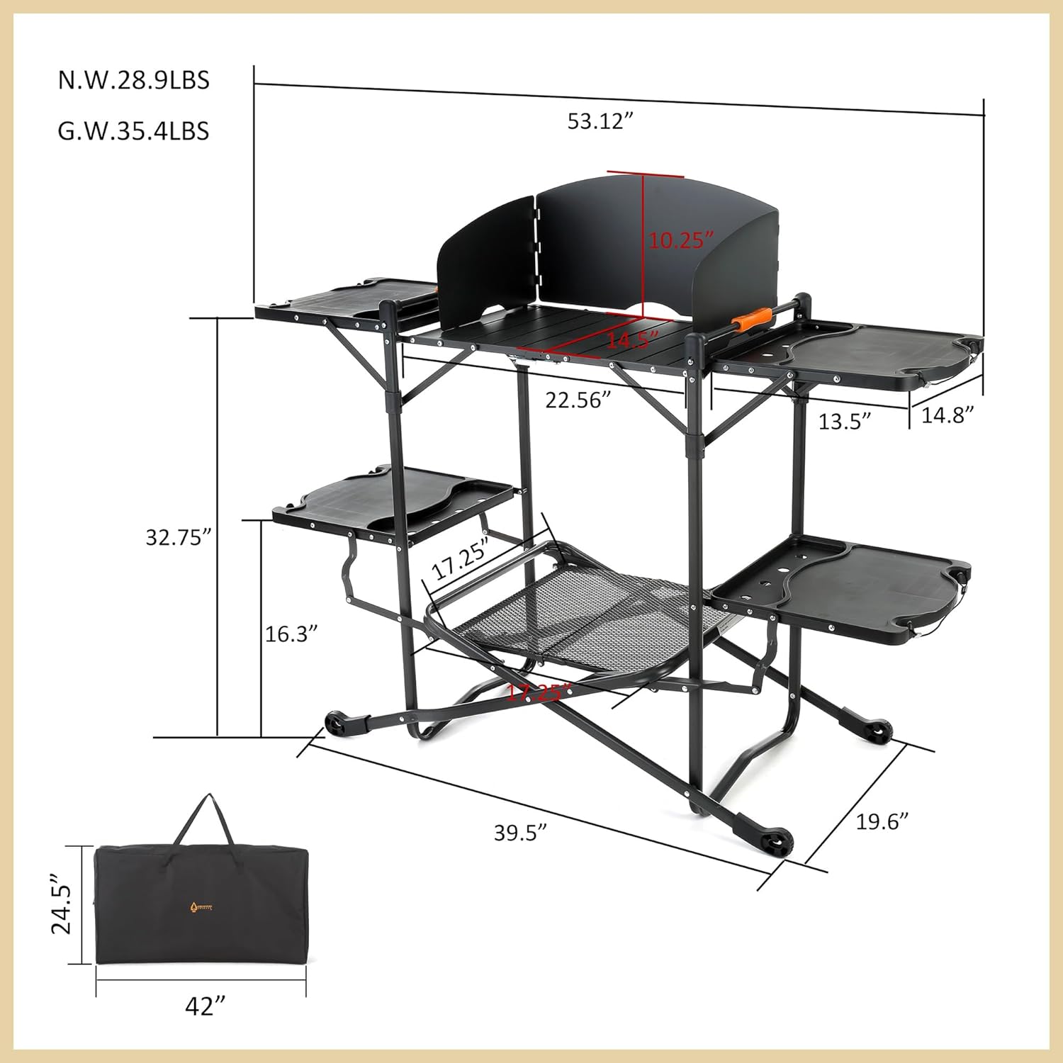 ARROWHEAD OUTDOOR 54" Wide Quick Folding Kitchen Station with Add-on Windscreen, 4 Side Tables, Aluminum Tabletop, Tool-Hanging Cord, 154 LBS Max Weight Load, for Patio BBQ and Camping