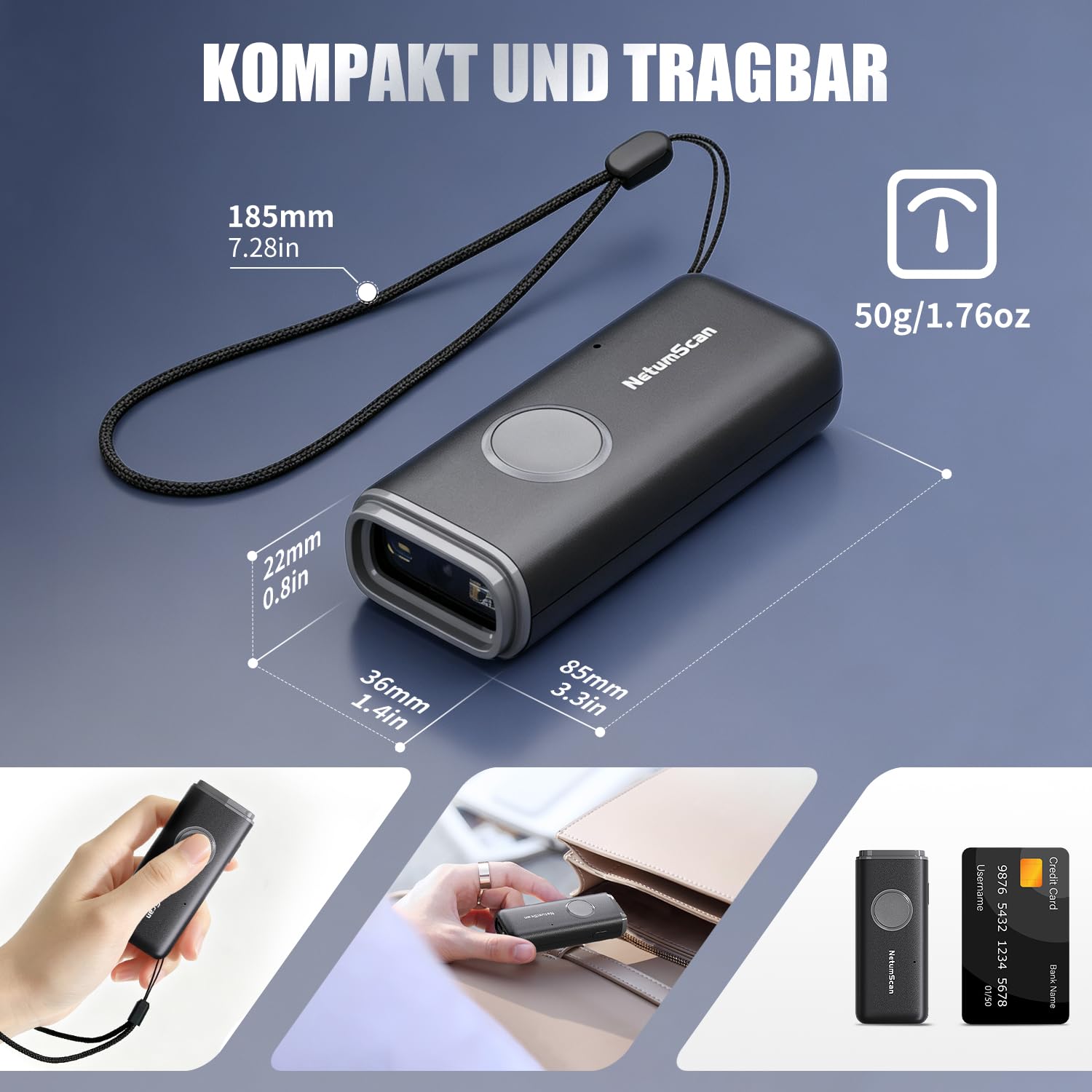 NetumScan Bluetooth-1D/2D/QR Tragbar Barcodescanner mit Ladestation U820 Scannt Data Matrix/EAN, kompatibel mit Windows/Mac/Android/iOS, für Lager, Logistik, Industrie & Einzelhandel