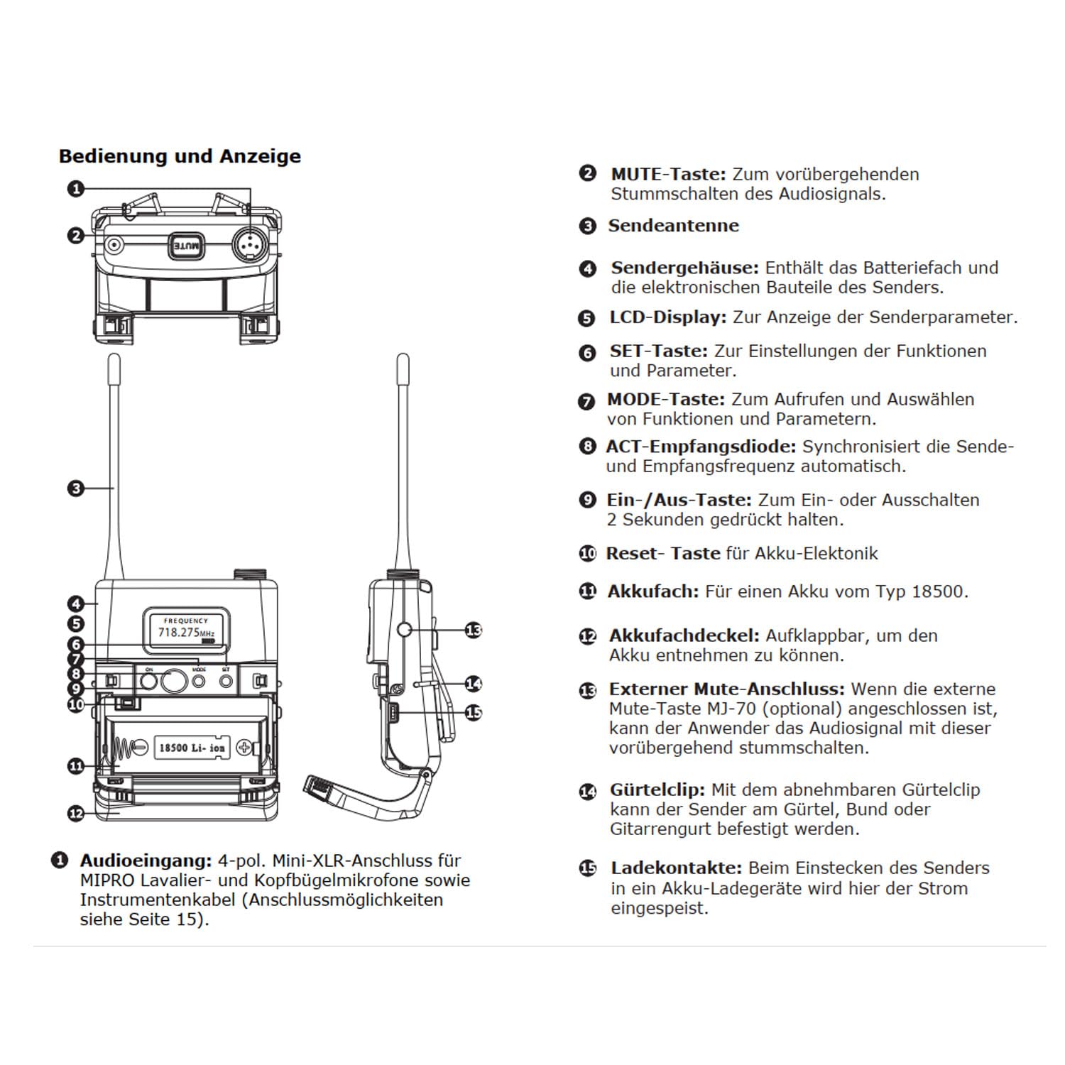 MIPRO ACT-32TC analoger UHF-Taschensender mit Akku