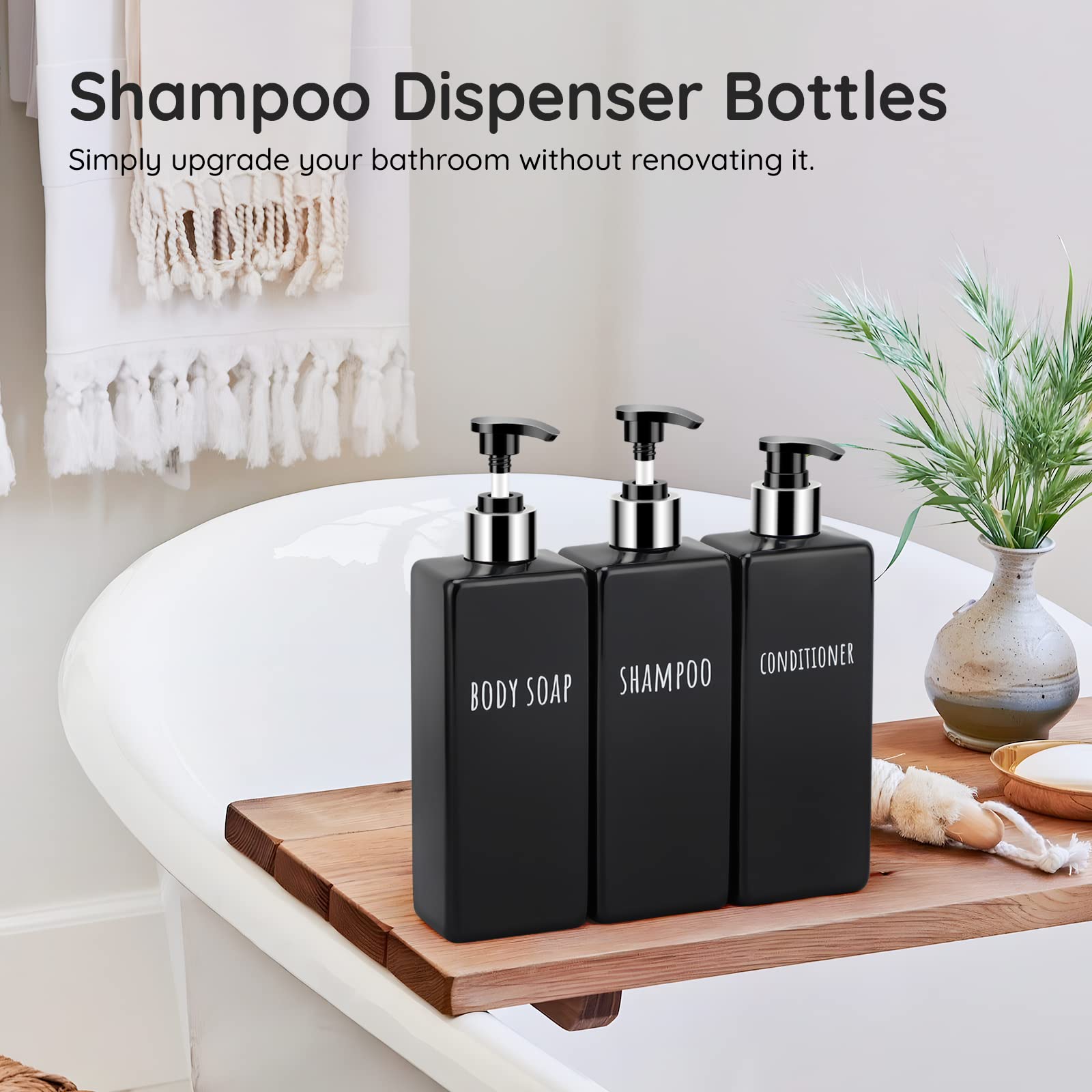 Segbeauty Dispensador de Jabon, Botellas Dispensador de Champú 500ml, 3 Piezas Botella Vacía con Bomba, Botes Recargable de Plástico para Baños y Hoteles (Negro)