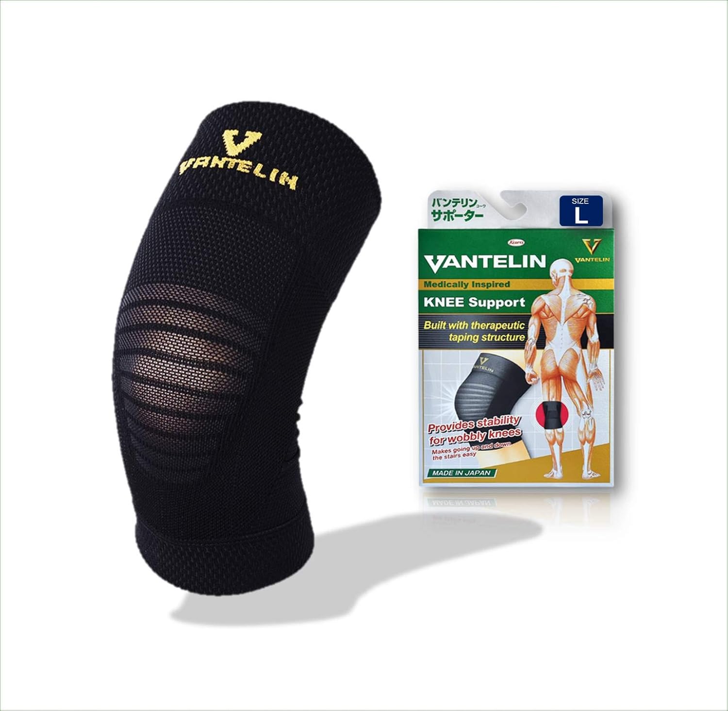 Vantelin Medically Inspired Knee Support (Large (L) Size 14.5 - 16 inches) Knee Protect Based on Taping Theory Provides Stability For Wobbly Knees Makes going Up and Down The Stairs Easy