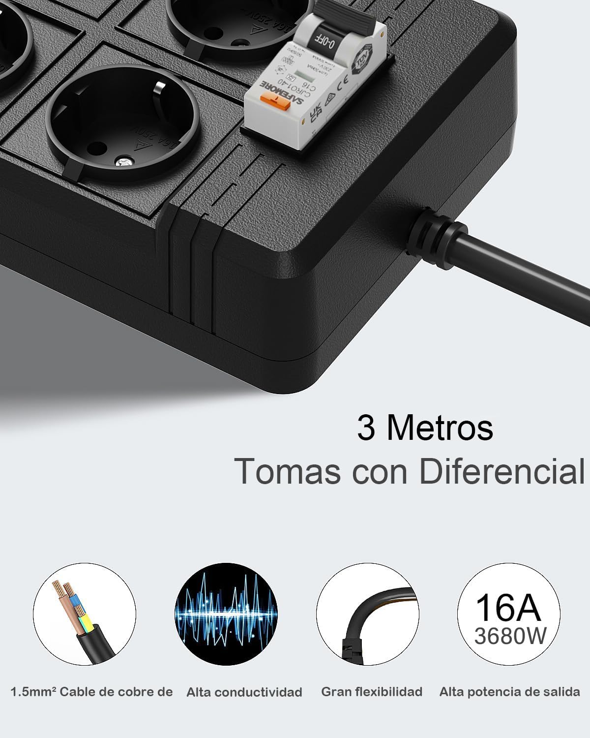 Regleta con 4 Enchufes 16A 4000W, Cable de 3m,Negro