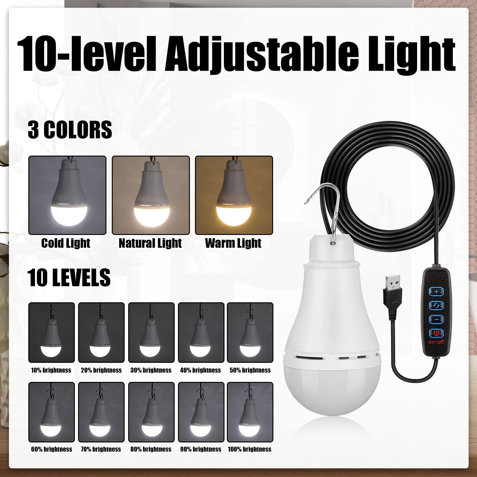 Lot de 6 guirlandes lumineuses USB LED portables rechargeables USB avec câble répartiteur USB pour camping, porche, jardin, garage, entrepôt, camion, bateau de pêche