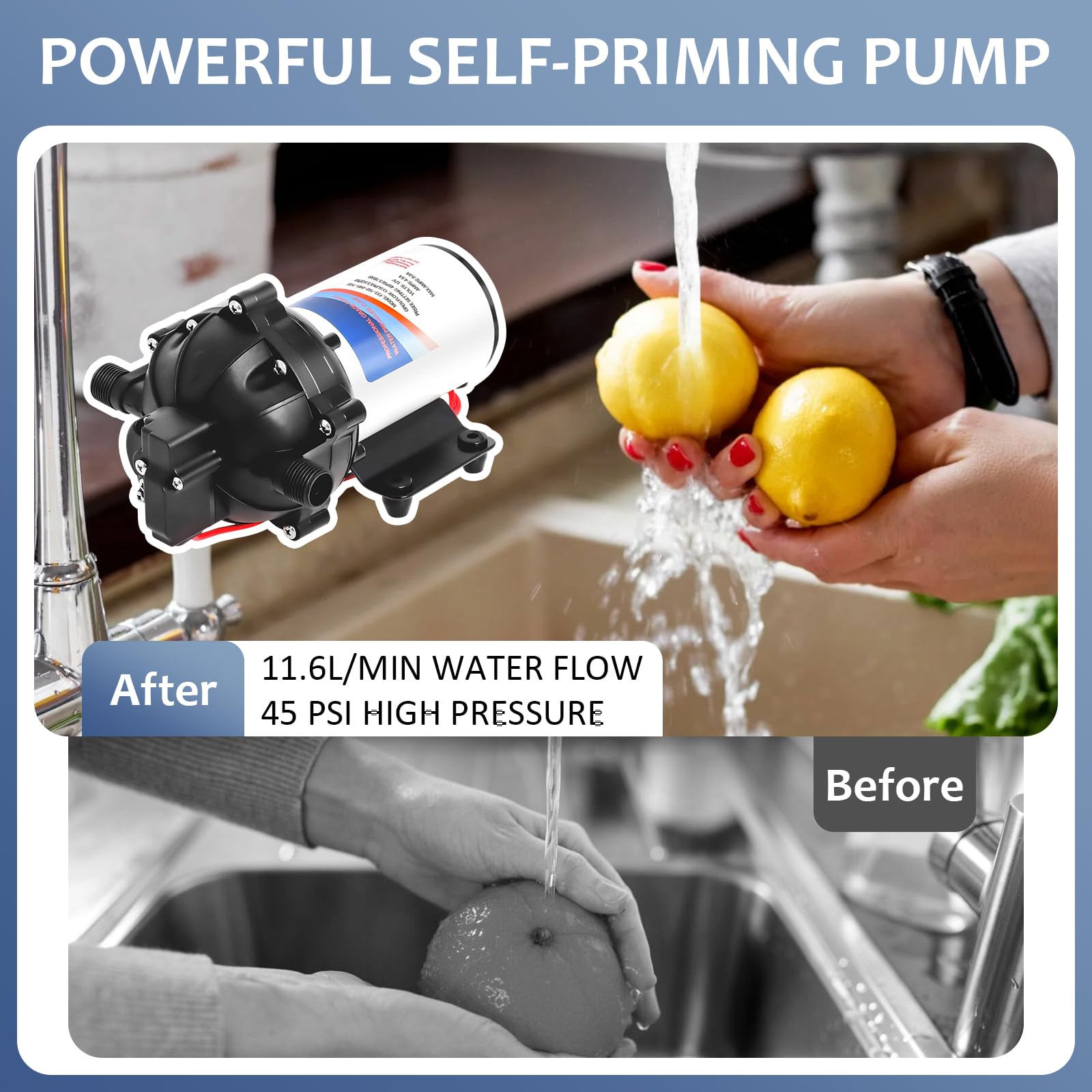 Wasserpumpe 12V DC Membranpumpe 3,1 Bar (45 PSI) Selbstansaugend Druckpumpe mit Druckschalter, 11,6 L/min 3.06 GPM Druckwasserpumpe, RV Wasserpumpe für Wohnwagen, Yacht, Camper, Garten