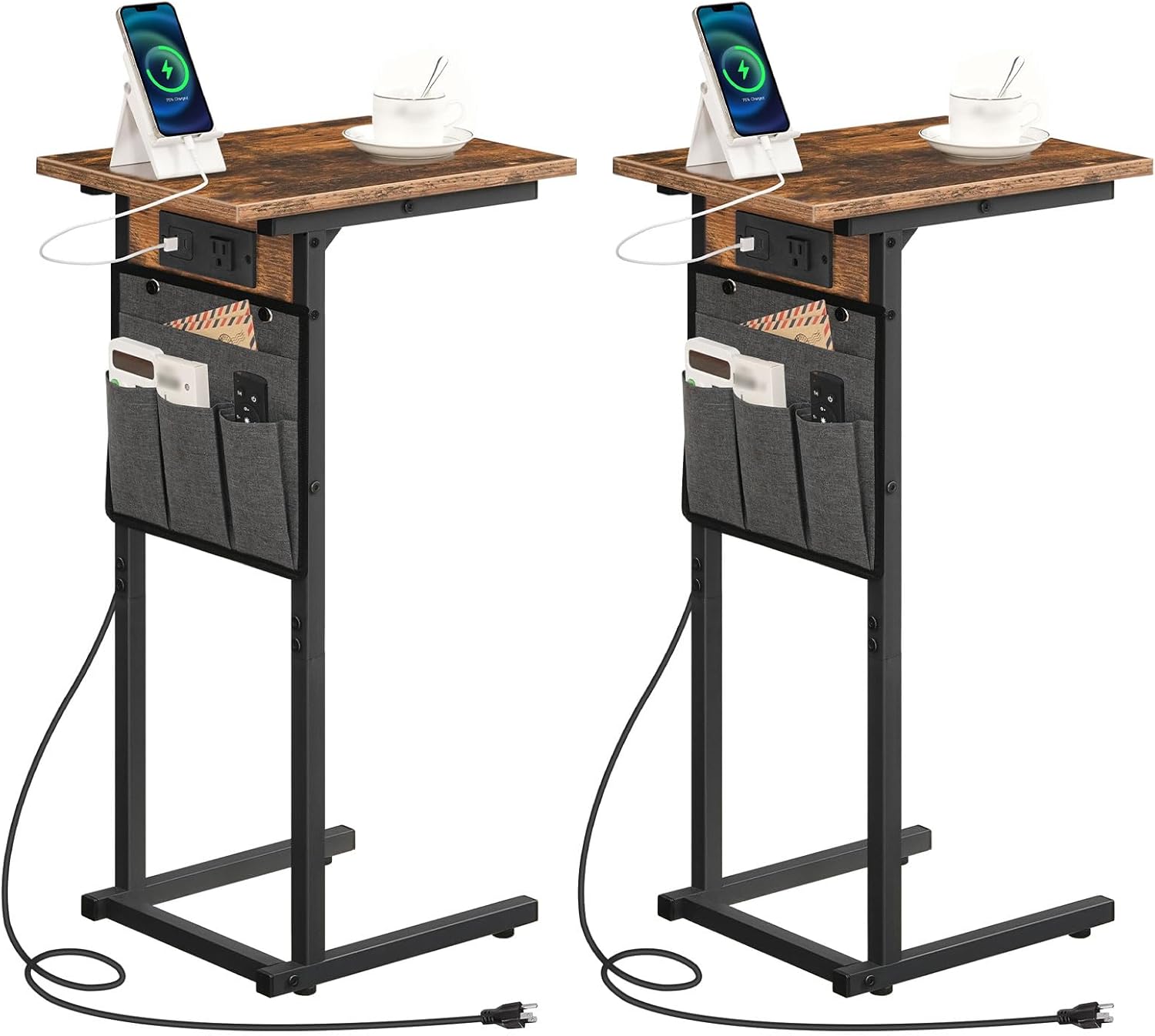 HOOBRO C Shaped Side Tables with Charging Station, Set of 2, Slide Under Couch Tables, 27.8" Tall Side Tables for Sofa Arm with Fabric Storage Pocket, for Living Room, Rustic Brown BF73USFP201