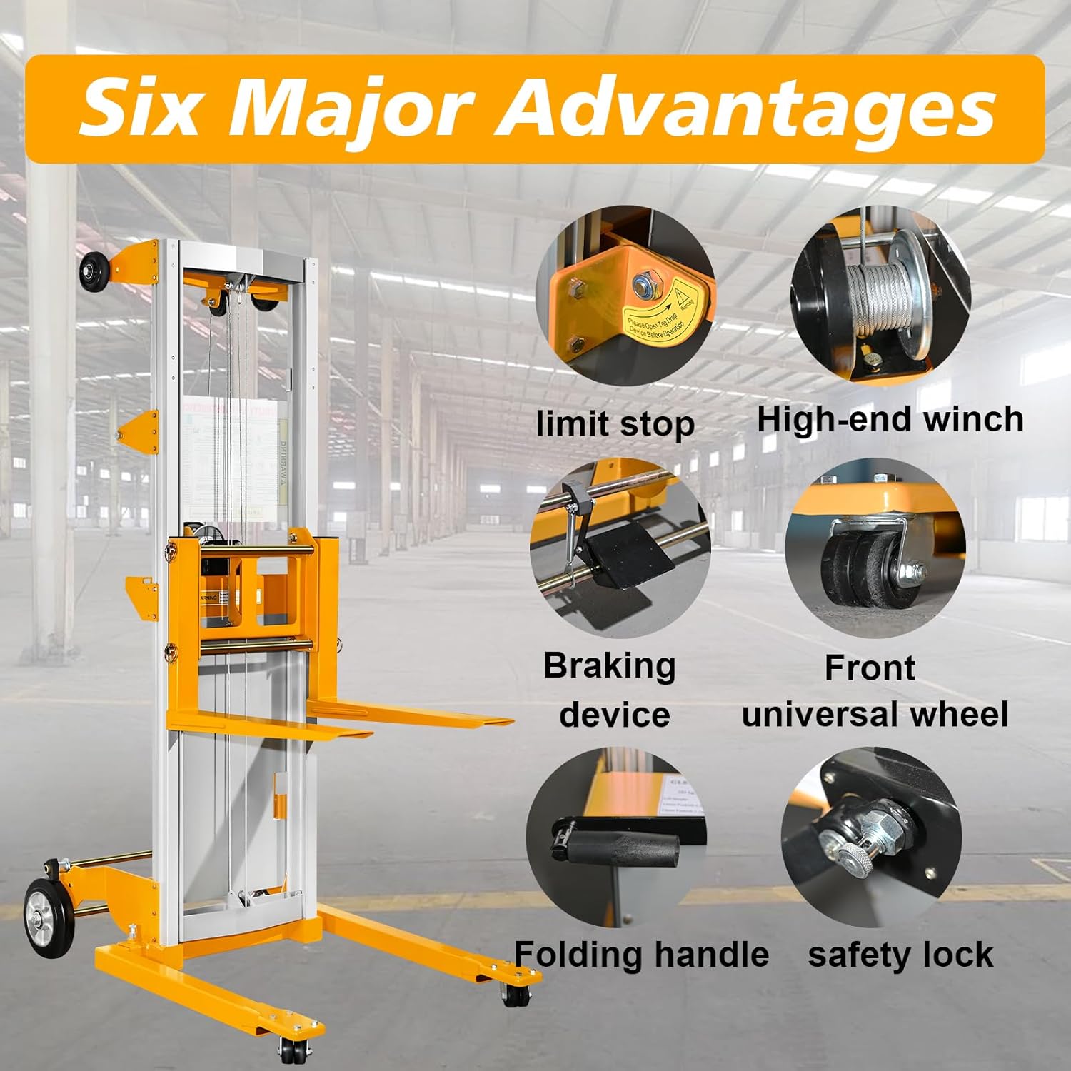 Material Lift Manual Winch Stacker Manual Forklift 122 Inch Lift Height 400lbs Load Capacity Pallet Stacker with Adjustable Width Lightweight Aluminum Alloy Material for Warehouses Factories