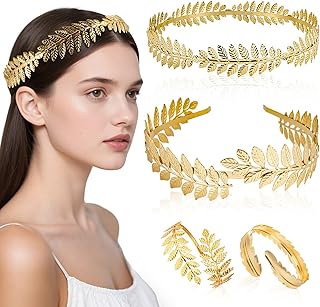 4 Pieces Adjustable Gold Greek Goddess Costume Dress Accessories, 2Pcs Arm Cuff Upper Arm, 2Pcs Leaf Crown headband, Halloween Wedding Costume Hair Accessories for Women (1.4" Height)