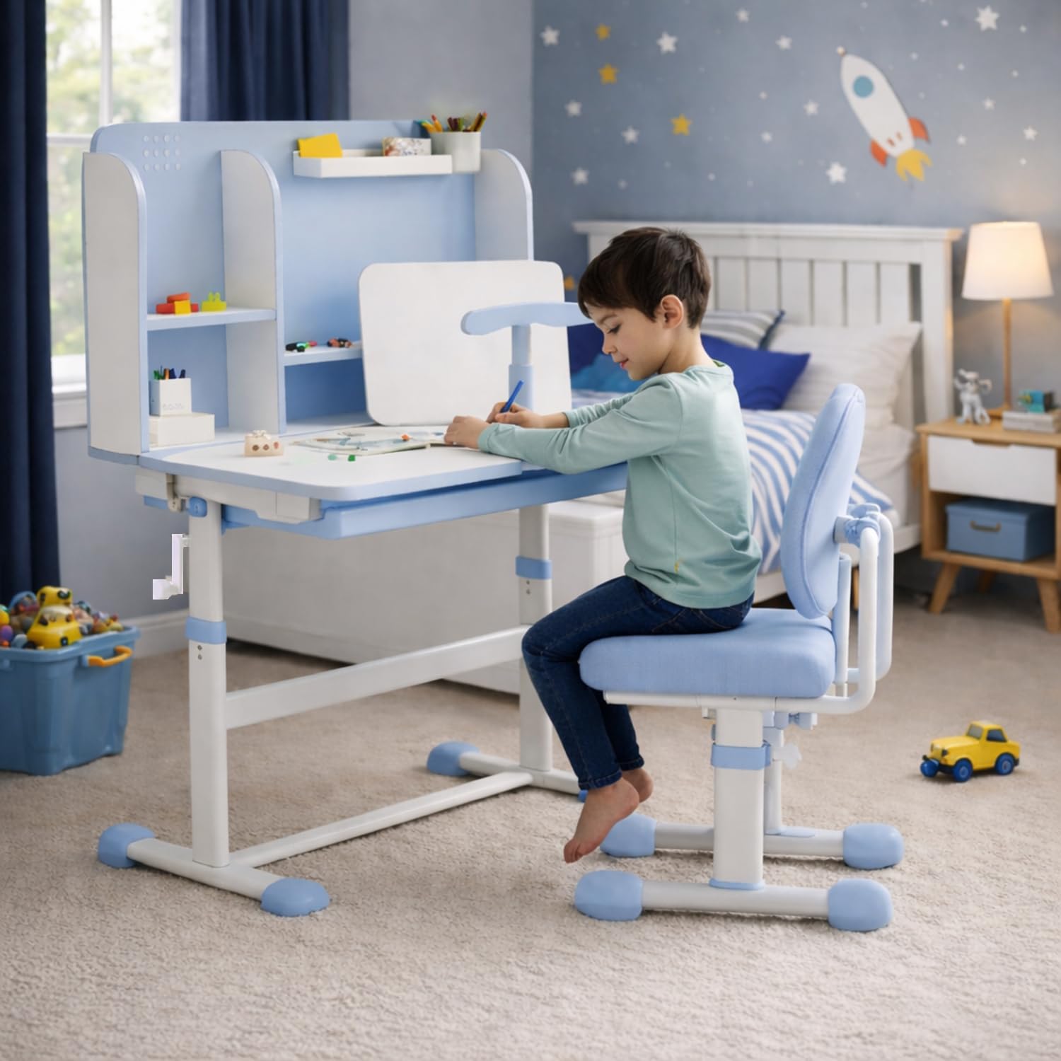 NUCARTURE Kids Study Table with Chair Height Adjustable Computer Table and Chair for Toddlers Children Desk with Storage Cabinet Kindergarten Writing Table (Blue, Adjustable Table with Bookshelf)