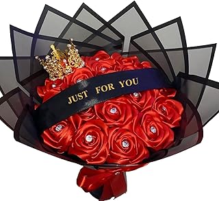 (Self-Assembly) Eternal Ribbon Rose Bouquet Red Ramo Buchon Artificial Rose Flowers Bouquet for Graduation, Valentine, Wedding, Anniversary, 12 Roses