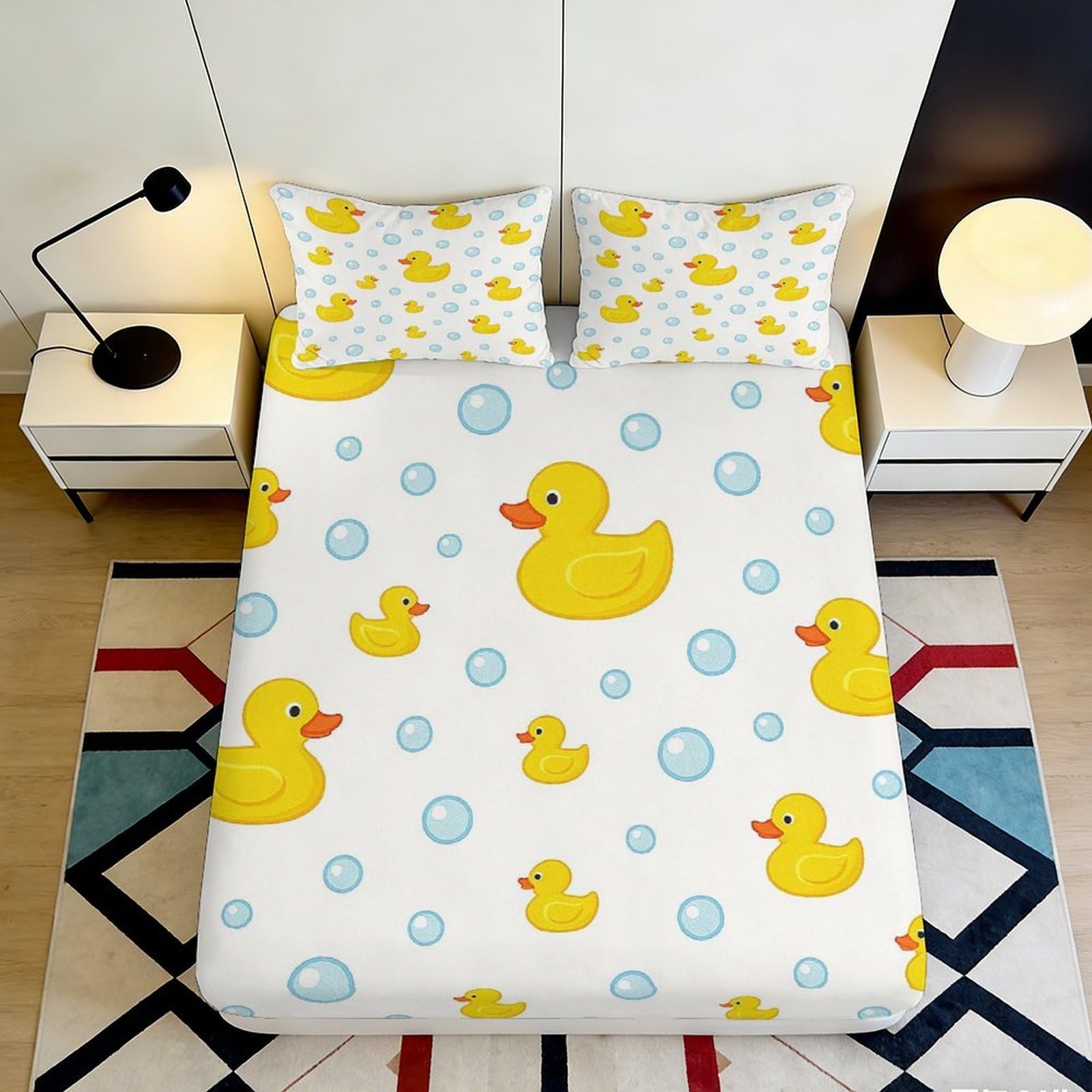 3D Printed Yellow Rubber Duck Fitted Sheet Microfiber Soft Cartoon Bubble Bed Cover for Bedroom Guest Room Decor 90x200x25cm