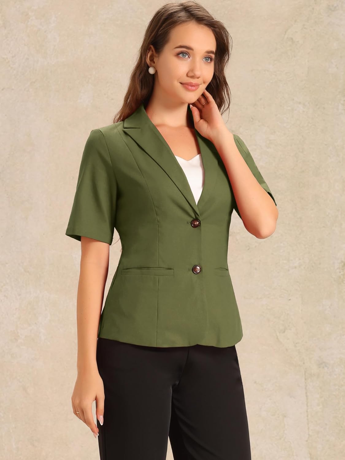 Allegra K Blazer for Women's Short Sleeve Button Front Cotton Linen Lapel Collar Work Office Casual Blazer Coat - Image 2
