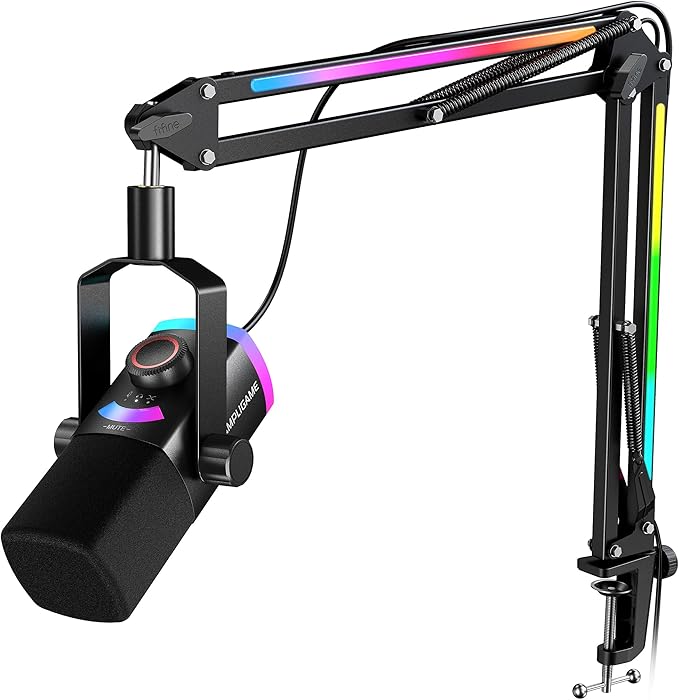 Micrófono Dinámico USB/XLR con Brazo RGB y Control de Mezcla