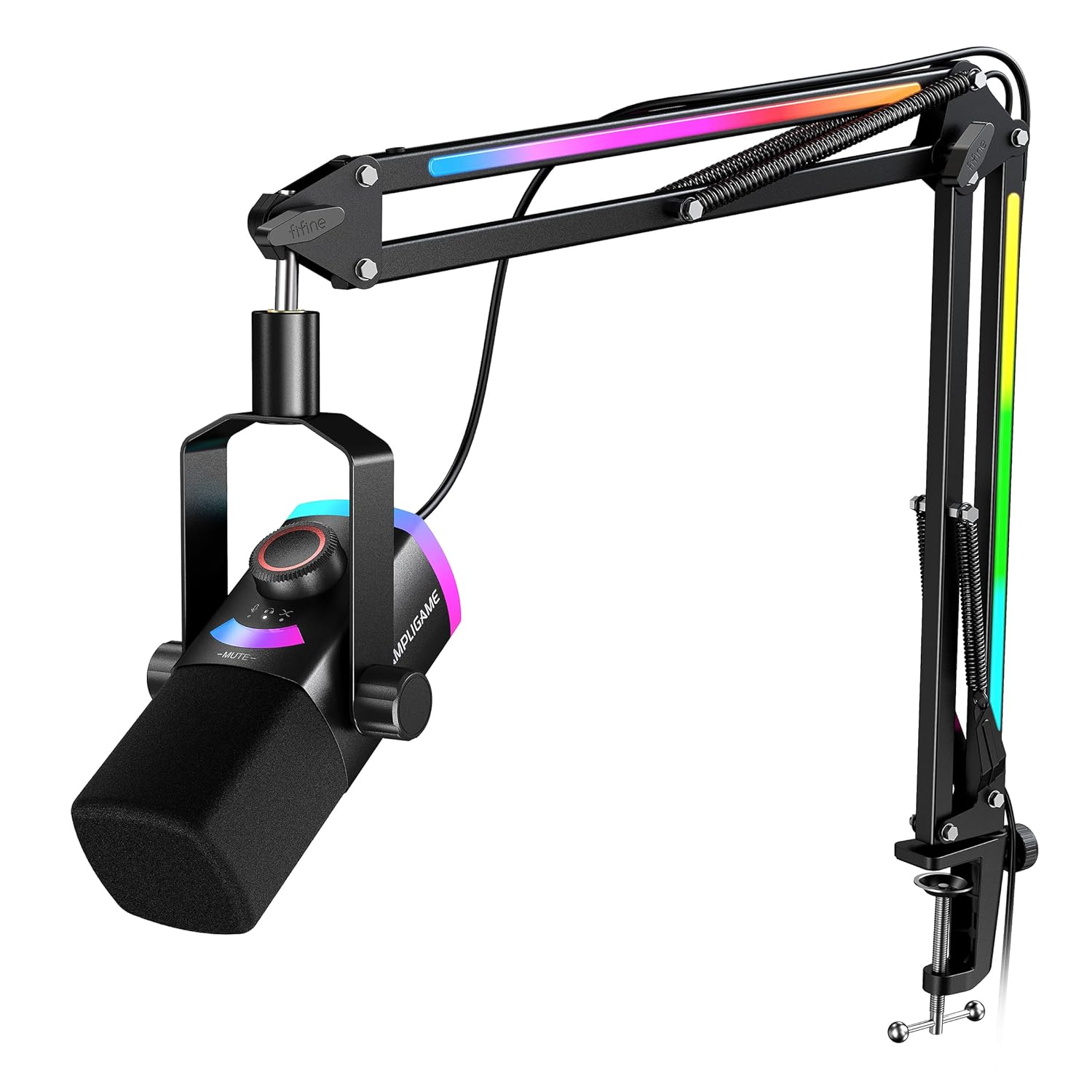 FIFINE Gaming Microphone Kit XLR USB Dynamic PC Microphone with Boom Arm for Podcast Recording RGB Streaming Mic