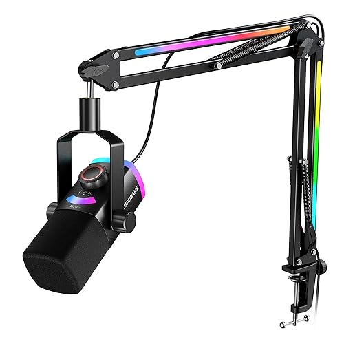 FIFINE Gaming Microphone Kit, XLR/USB Dynamic PC Microphone with Boom Arm for Podcast Recording, RGB Streaming Mic Set, Tap-to-Mute, Mix Control, Headphone Jack-AmpliGame AM8PROT - Black