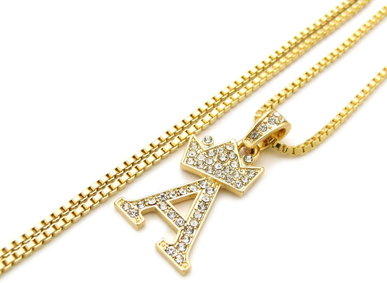Fashion 21 Unisex Small Size Pave Initial Alphabet Letter Pendant 24" Box Chain Necklace & Earring Set (A Set/Gold)