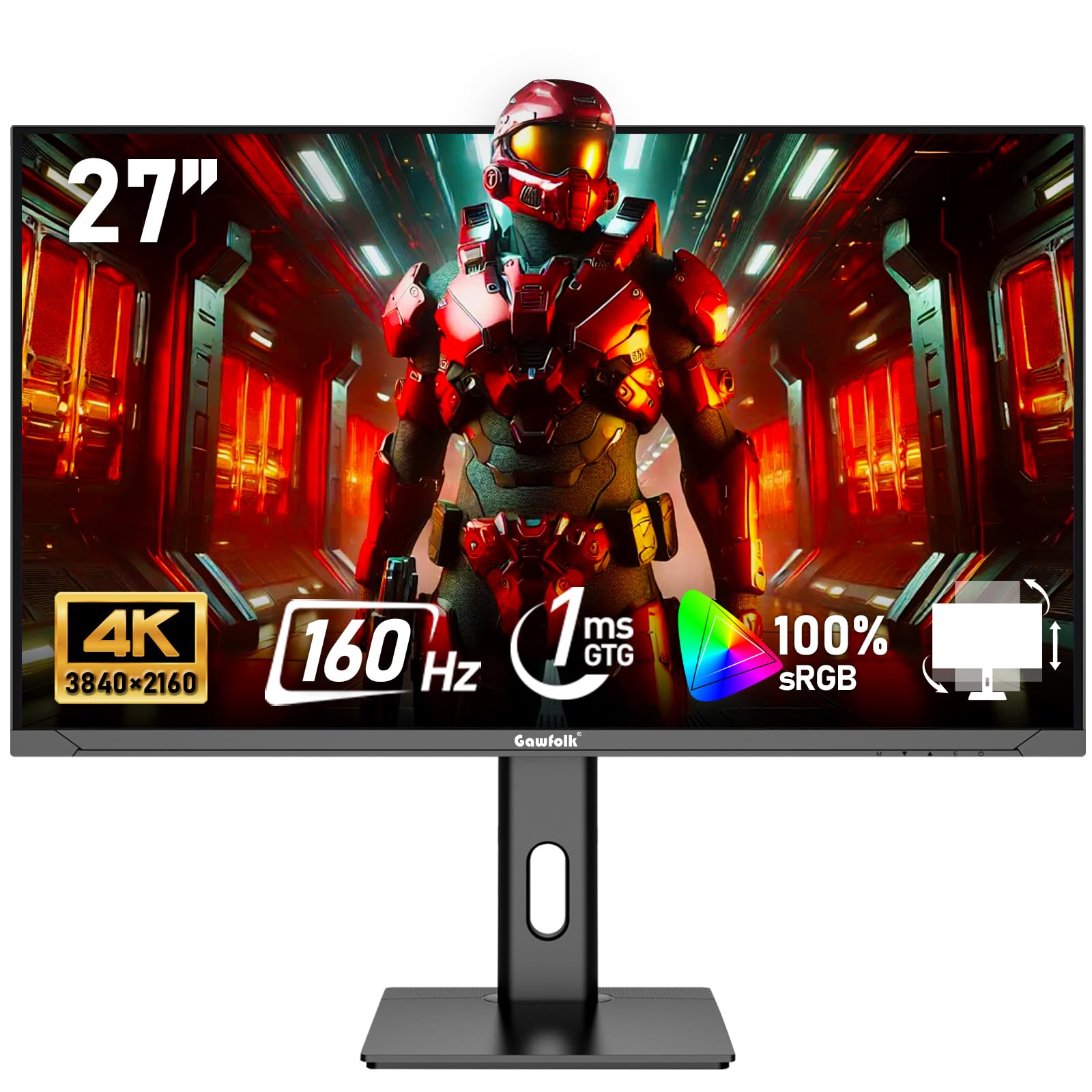 Gawfolk 27 inch IPS PC Screen, 4K Gaming Monitors 160Hz, 1ms,AdaptiveSync, 100%sRGB, 178° Wide Viewing Angle, HDMI 2.1, DisplayPort,Height-adjustable and swivel,75*75MM Wall Mount Compatible - Black