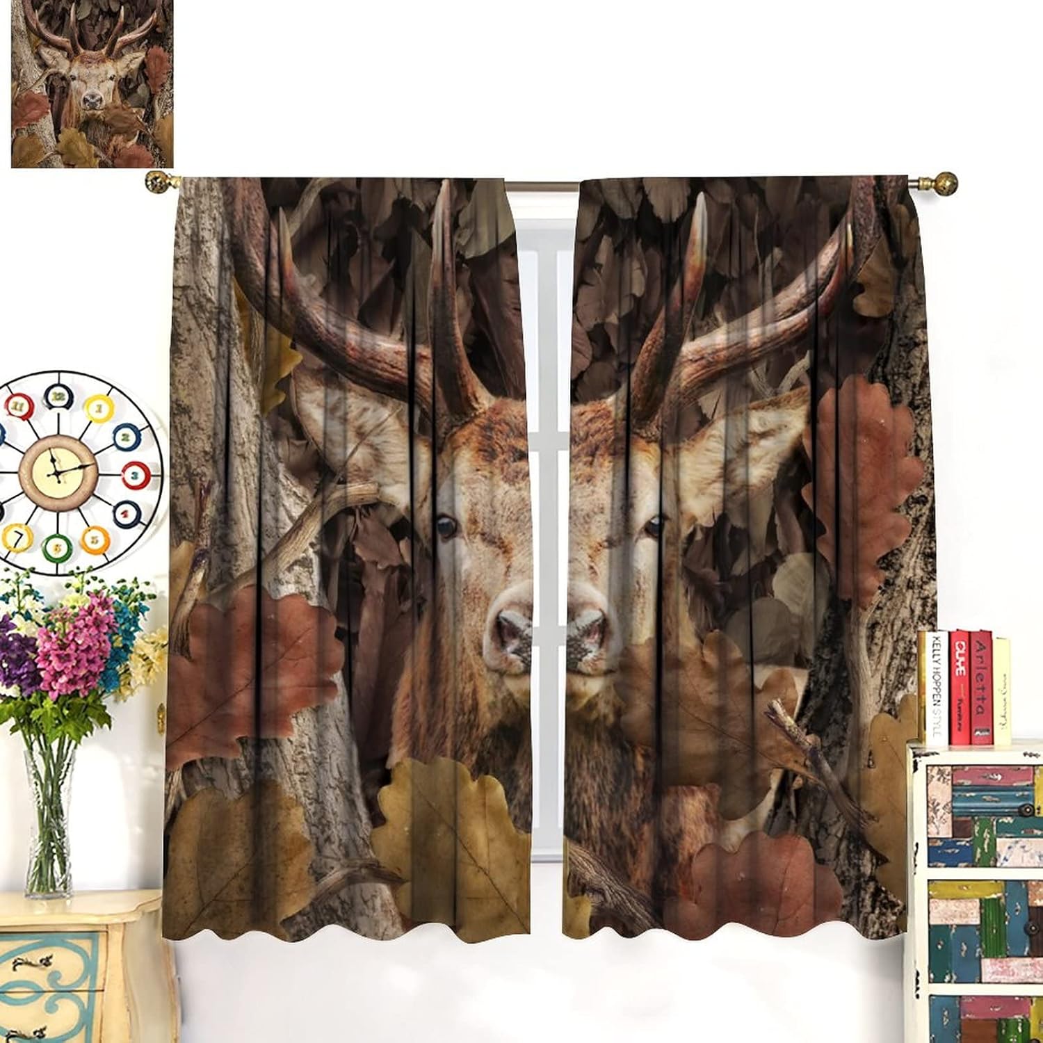 Abstract Rustic Deer Blackout Curtains,Lodge Hunting Theme Camo Fall Forest Deer Window Curtains Rod Pocket Thermal Insulated Room Darkening Blackout Curtains for Bedroom 2 Panels 63L x 27.5W