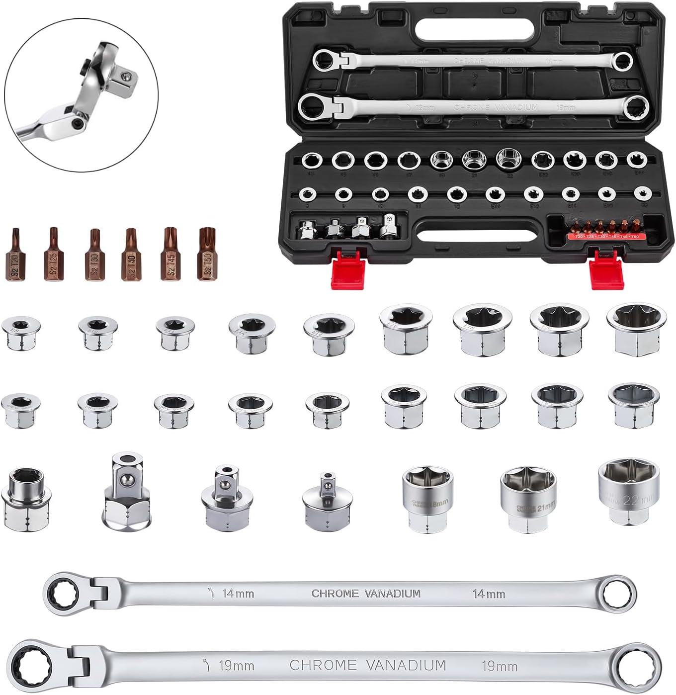 33 PCS Flex Head Ratcheting Wrench Set, Metric | 72-Tooth | 8-22mm | Extra Long Double Box End Ratchet Wrench Flex Head Wrench Set with Torx Bit