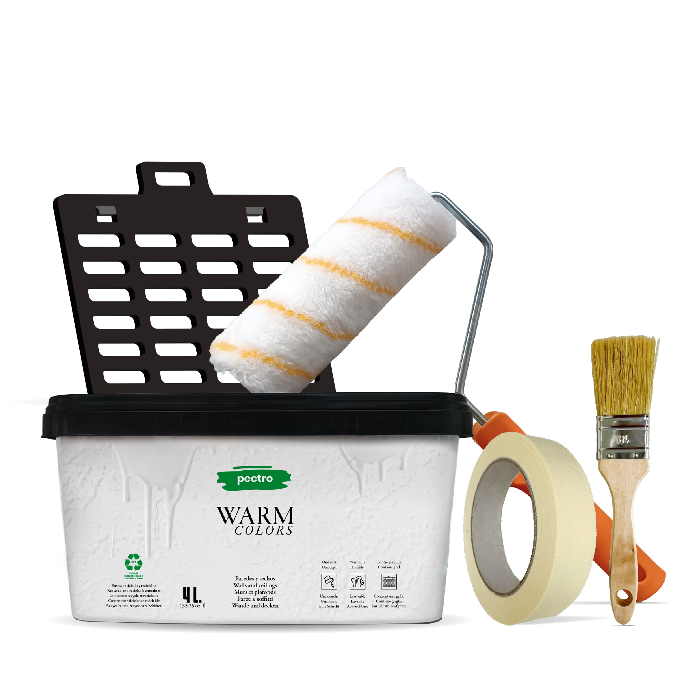 PECTRO Pittura Mano Unica 4L (6,3kg) Set con rullo, pennello, griglia e nastro in carta - Pittura per Interni Lavabile per Pareti e Soffitti – Monomano per Camere e Soggiorni