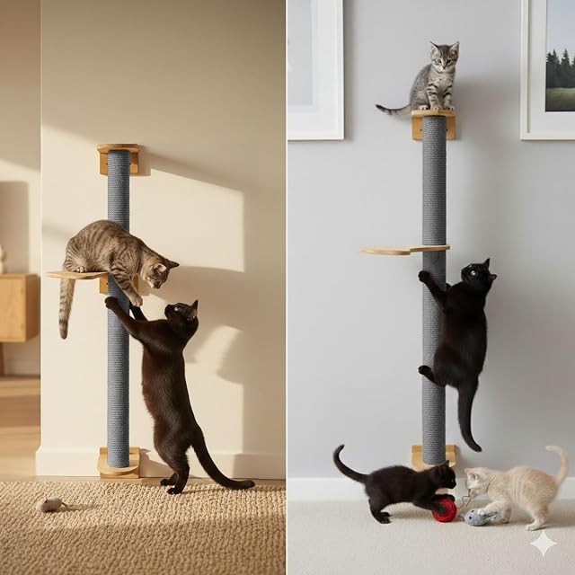 Foto 5 de 8 de eyepower 105 cm Rascador de Pared Luna con 1 Plataforma de Bambú - Árbol para Gatos con Estantería