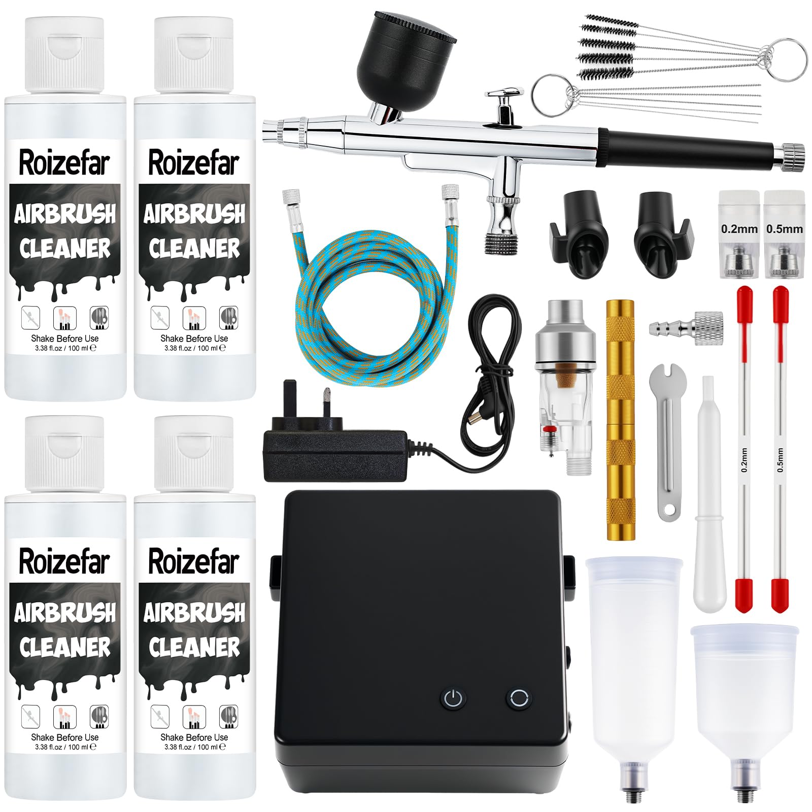 Roizefar Airbrush Kit with Compressor, 55 PSI Non-Clogging Air Brush Painting Set with 4x100ml Cleaner, 0.2/0.3/0.5mm Nozzles & Cleaning Brush, Ideal for Painting, Modeling, Nail Art, Makeup