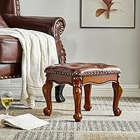 Vista 9 de LEILISI Taburete pequeño otomano de cuero marrón, reposapiés tapizado tallado vintage, taburete de madera de goma para sofá (negro-marrón)