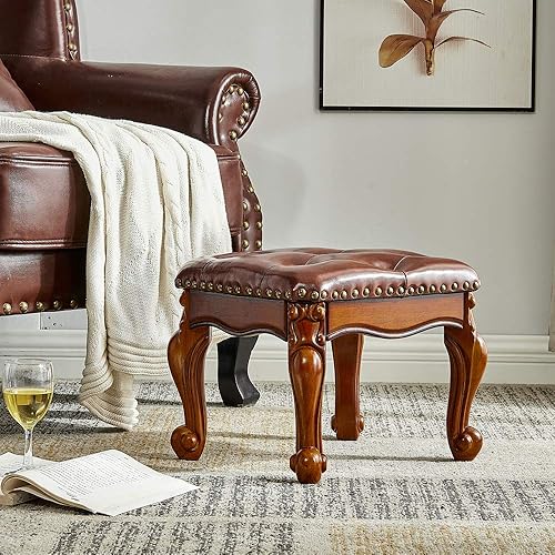 Miniatura 9 de LEILISI Taburete pequeño otomano de cuero marrón, reposapiés tapizado tallado vintage, taburete de madera de goma para sofá (negro-marrón)