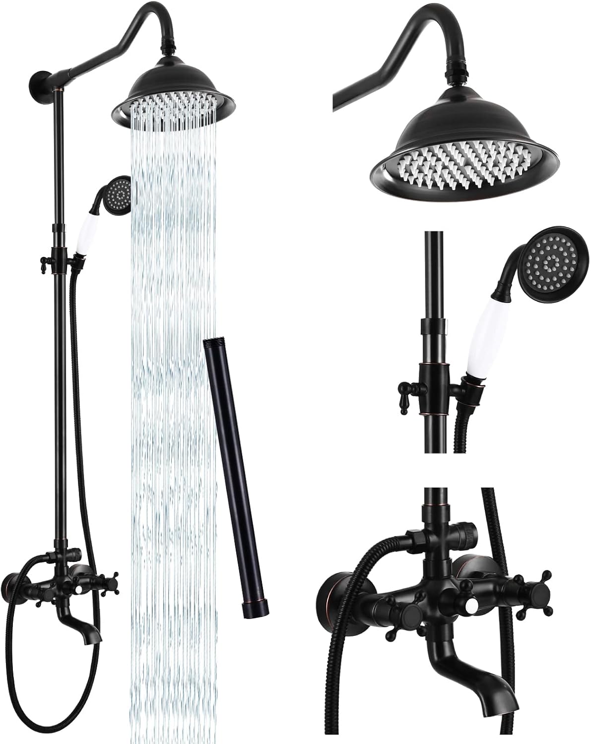 Gotonovo Oil Rubbed Bronze Shower Faucet Fixture - 8 Rain Shower, Double Knobs, Triple Function Tub Spout Combo Unit Set - 12 Inch Extension Included