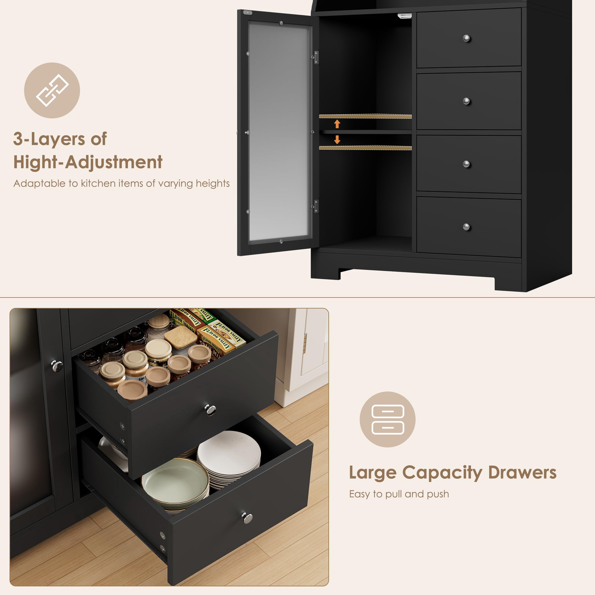 HOCSOK 163cm Küchenschrank, Buffetschrank mit Arbeitsplatte, Vorratsschrank Küche mit 3 Türen und 4 Schubladen, Hochschrank Küche für Wohnzimmer Esszimmer Bar, Schwarz