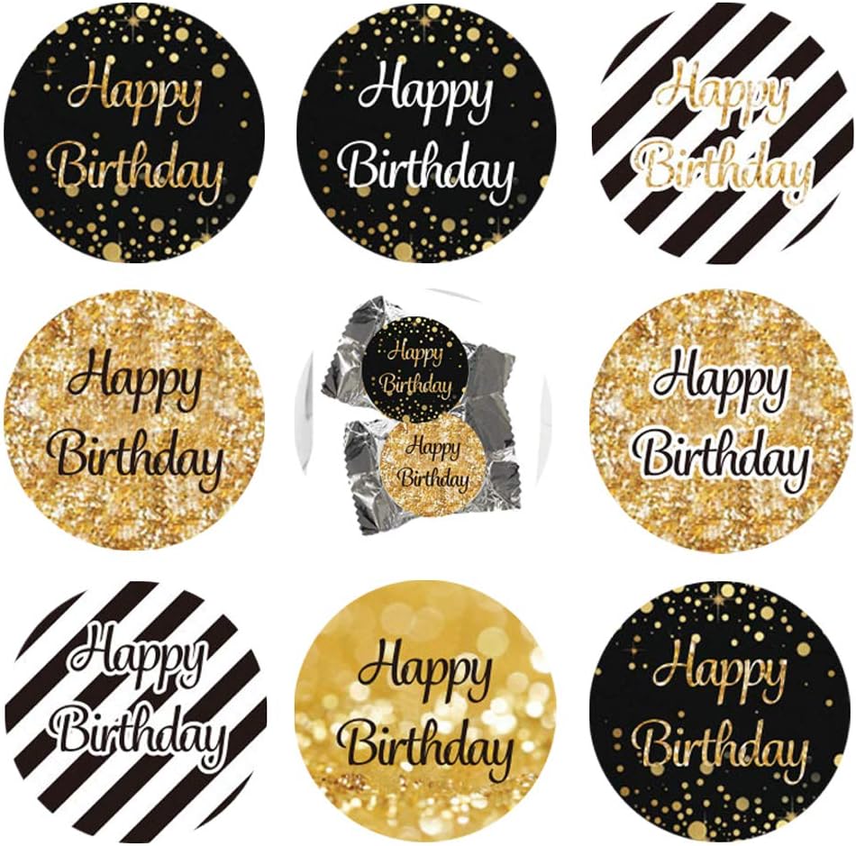 216PCS Happy Birthday Party Favor Labels Stickers 3/4 inch Circle- Printed Dots Decorations Supplies for Small Candies Sealing Envelopes Scrapbooks Grab Bags Gold and Black (Happy)