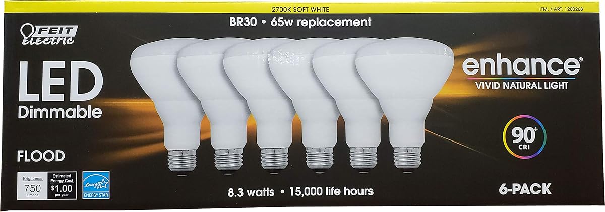 Feit Electric Dimmable LED BR30 Flood Light Bulbs, 65W Soft White, 6 Count,