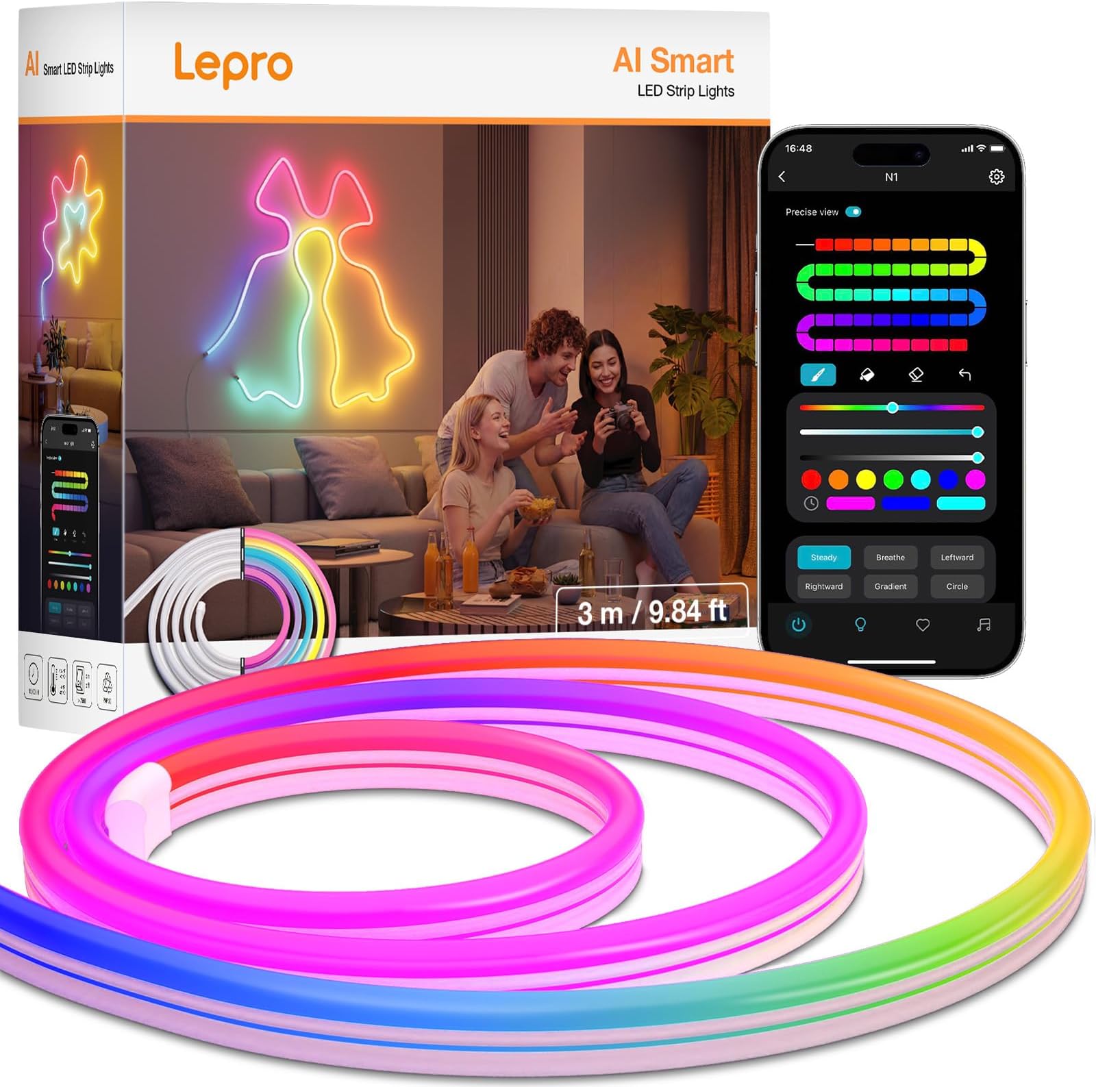 Lepro N1 AI Smart Rainbow Neon Light Strip 3M, 96 LEDs/M, Work with Alexa, Google Home, Music Sync, AI Lighting Design Assistant, IP65 Rope Light, MagicColor LED Light, App & Voice Control, No Remote