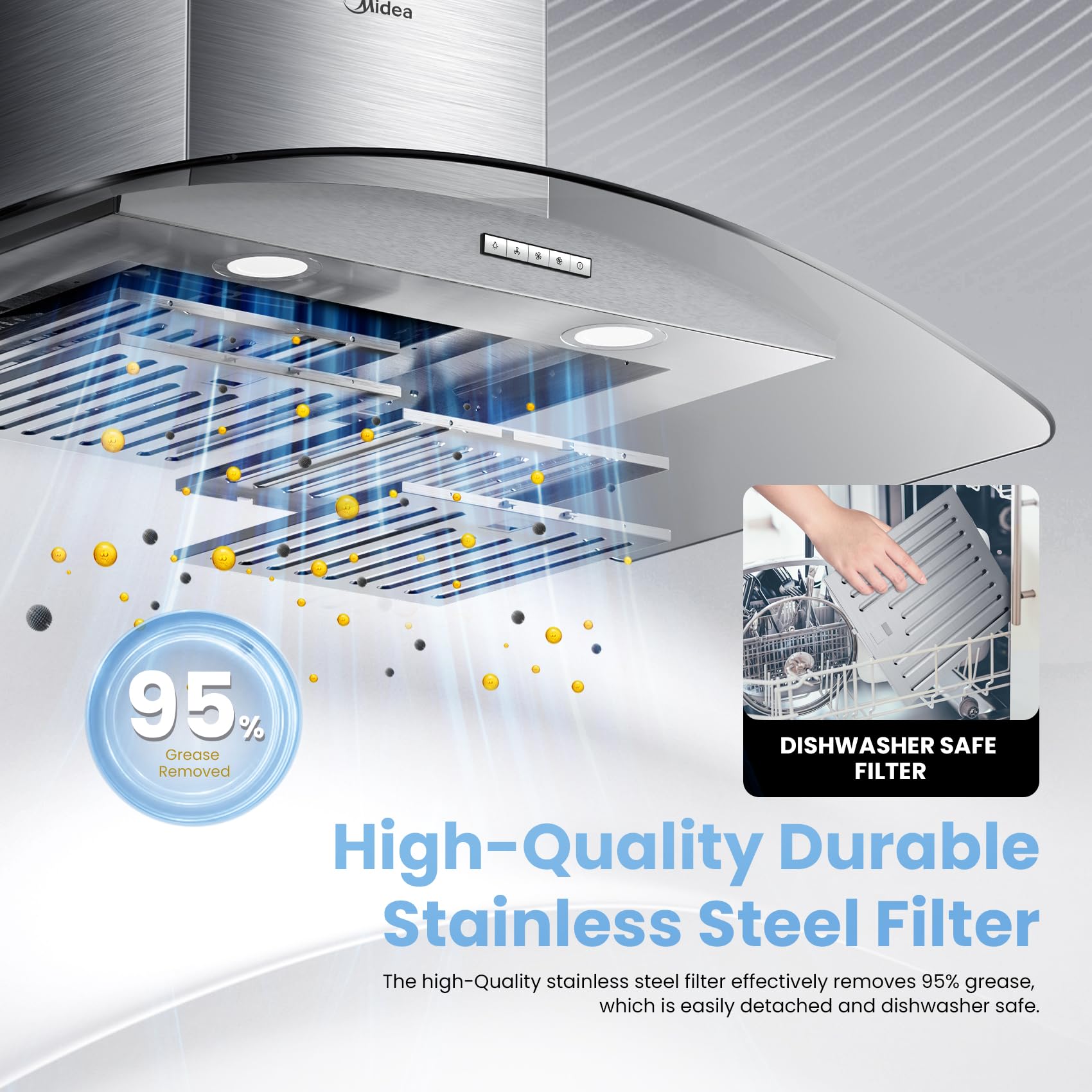 Midea MVG30W8AST Campana extractora de vidrio curvada, acero inoxidable