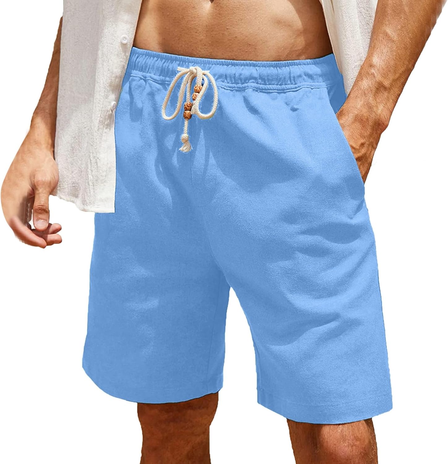 Men Drawstring Solid Casual Beach Shorts Summer Straight Cotton Linen Short Pant Micro Stretch Sports 5 Point Pants