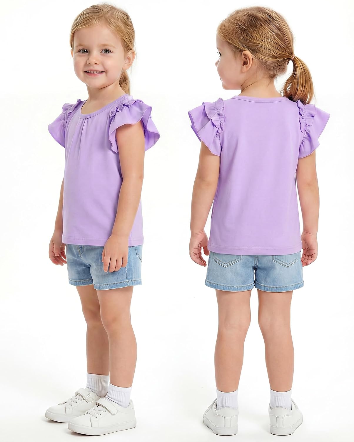3 Pack Toddler Girl Shirts: Short Ruffle Sleeve Round Neck T-Shirts Cotton Tee Summer Casual Tops Size 18M-5Y