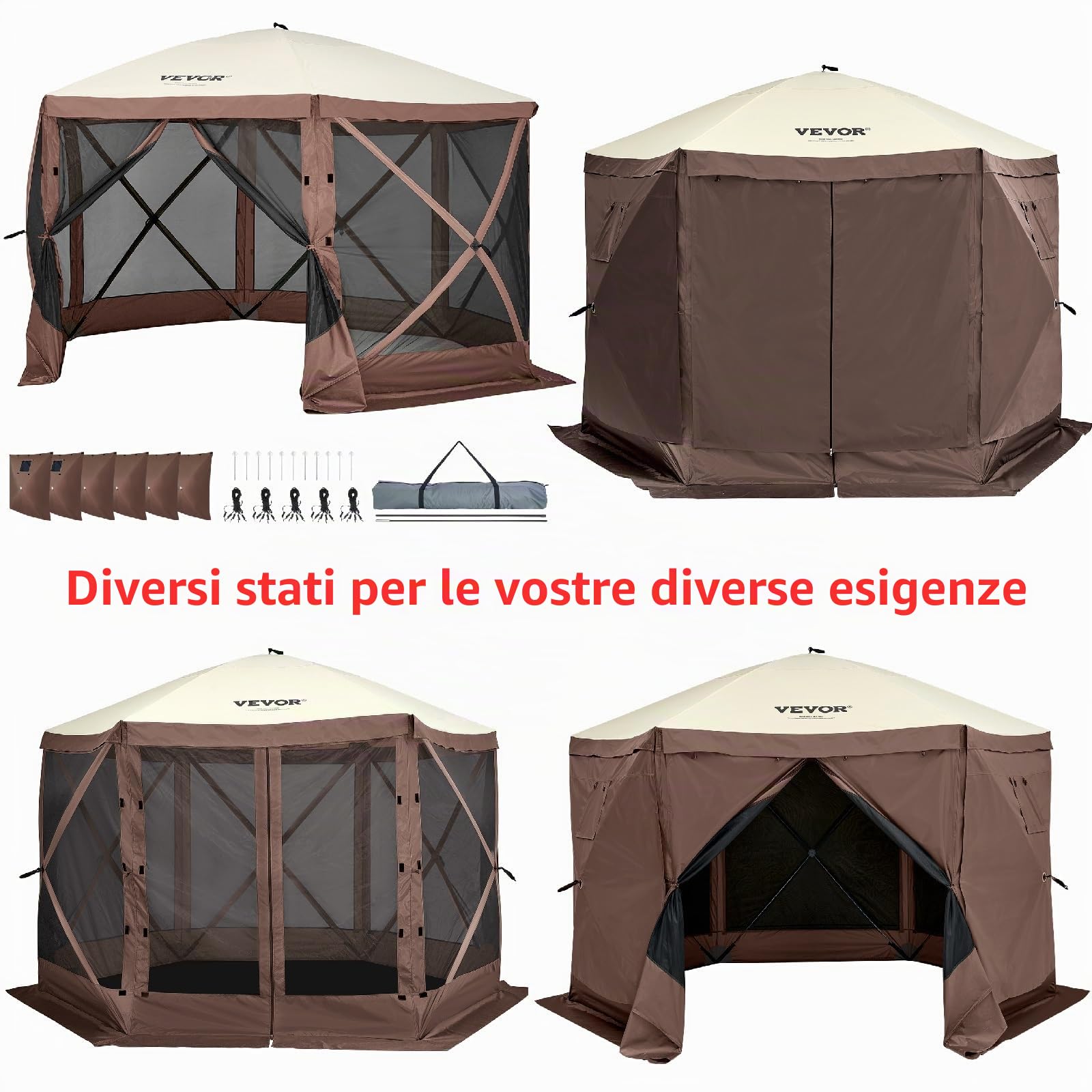 VEVOR Gazebo Pop-Up, Tenda con Schermo Pop-Up, Baldacchino su 6 Lati, Riparo da Sole 6 Panni Antivento Rimovibili Finestre in Rete, con Zanzariera Schermo a Montaggio Rapido 3,51 x 3,51 m Marrone